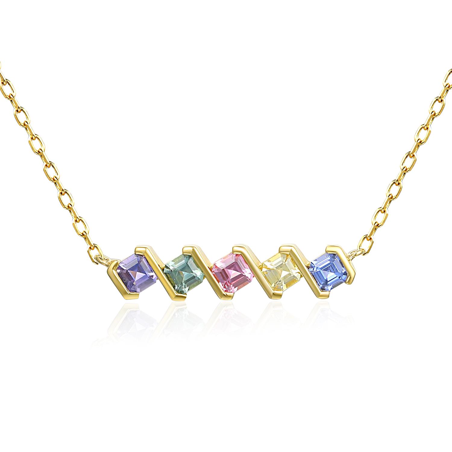 Yellow gold necklace by Ntinga set with five multi-coloured gemstones in soft shades of lavender, green, pink, yellow and blue. The contemporary design showcases the company&rsquo;s expertise in coloured gemstones and modern jewellery styling