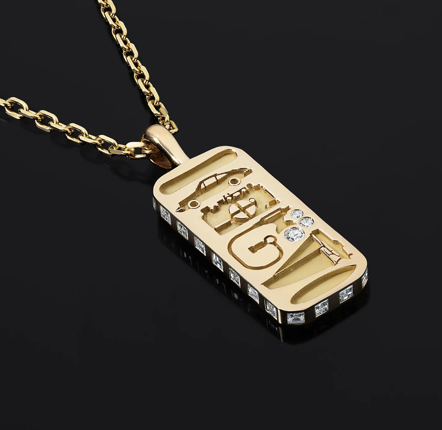 A Loverglyphs pendant by DYNE, engraved with personalised symbols and framed in diamonds — a wearable map of memory, place and meaning