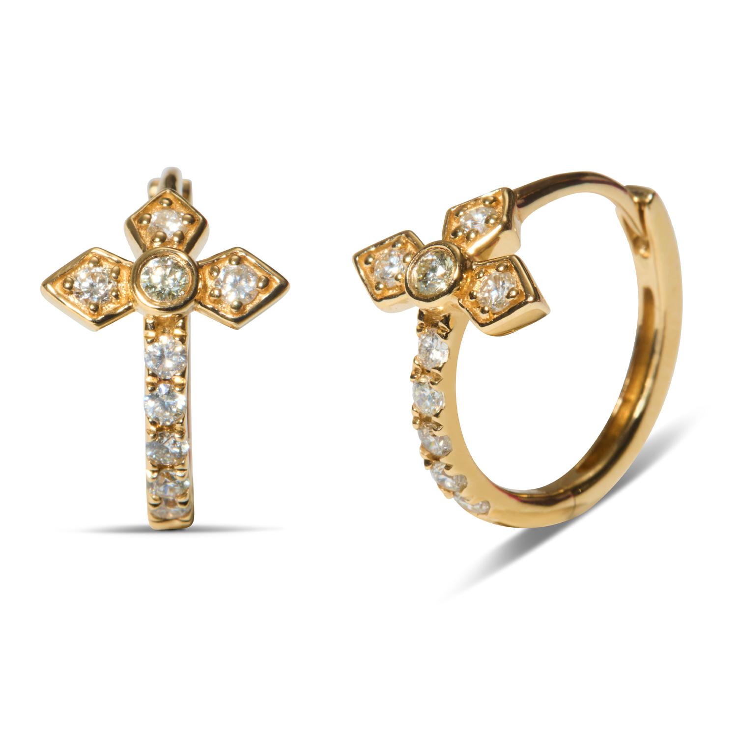 Pair of Tash Jewellery yellow-gold hoop earrings set with diamonds and finished with geometric diamond crosses