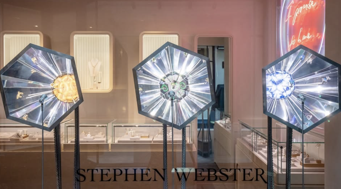 Lighting the way in Mayfair: Stephen Webster’s front-of-house kaleidoscopes offer a window into his world of rebellious luxury. Courtesy of @stephenwebsterjewellery on Instagram