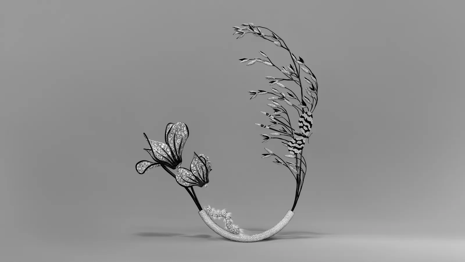 Composition N°4 pairs cyclamens and an oat branch with a caterpillar and butterfly in diamonds, spinels, rock crystal and lacquered white gold. 4,279 hours of work. Courtesy of Boucheron