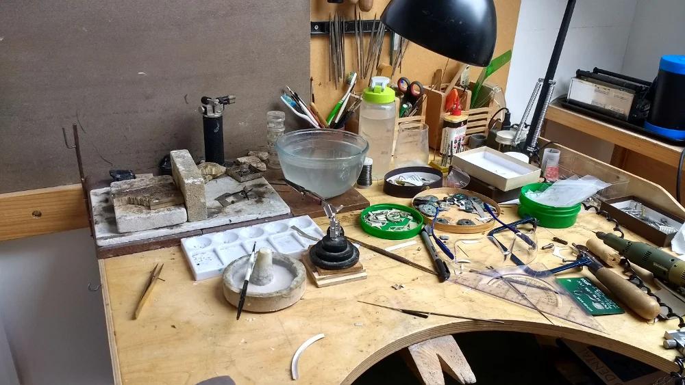 Hendrike Barz-Meltzer&rsquo;s workbench, where traditional techniques and specialist tools are used to transform silver and gold into finished jewellery. Photo: Hendrike Barz-Meltzer