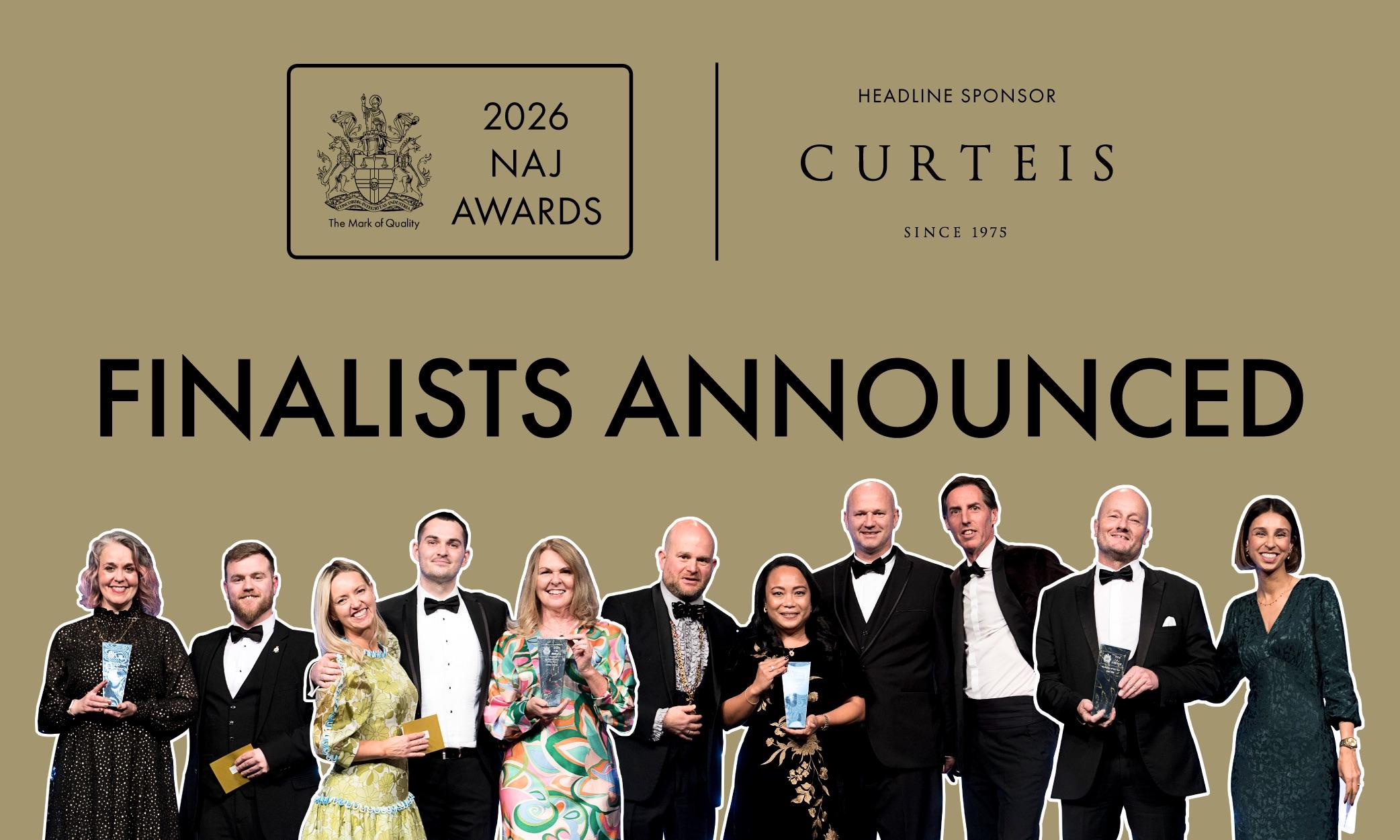 2026 NAJ Awards finalists announcement graphic featuring award winners on stage, with headline sponsor Curteis