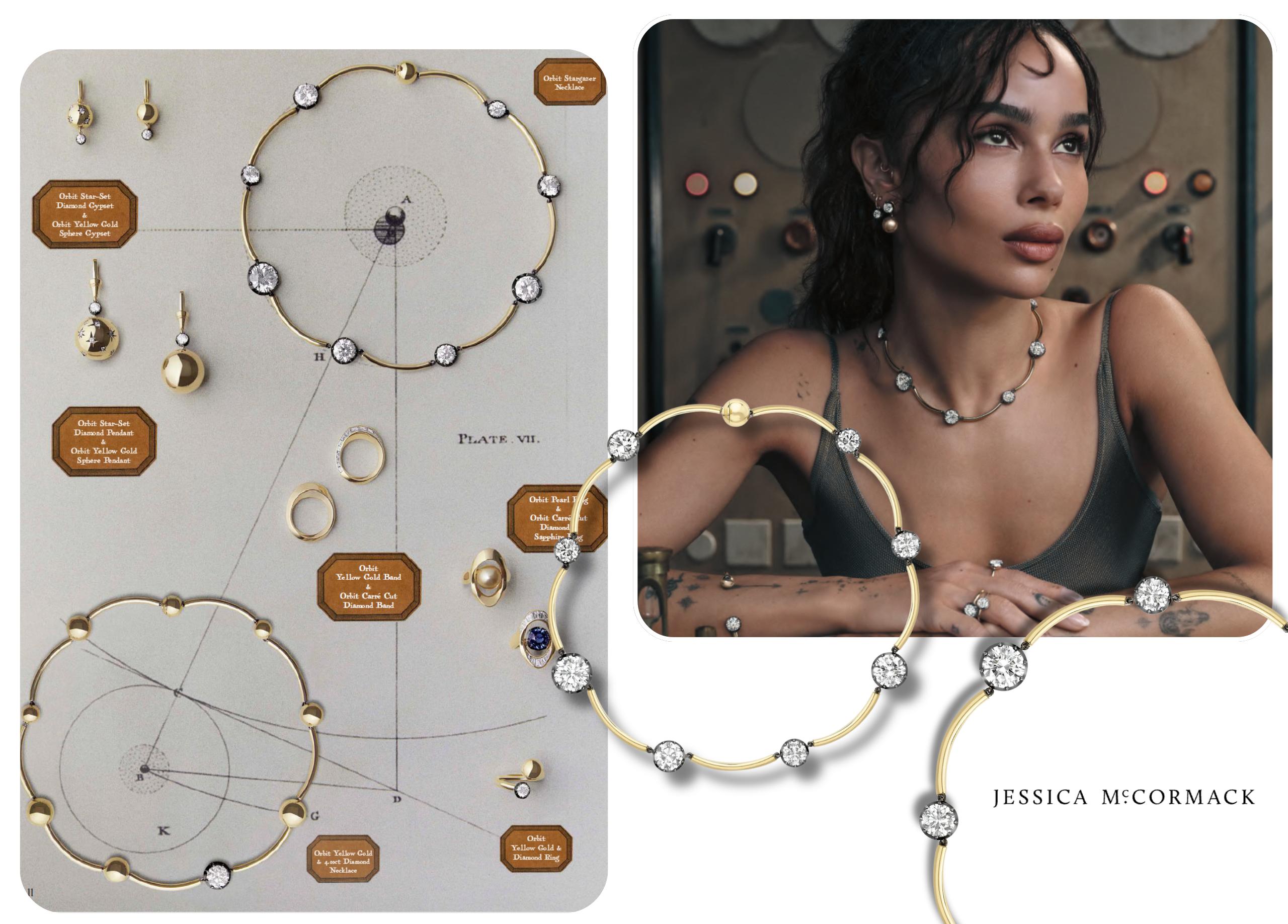 Jessica McCormack Orbit Stargazer diamond necklace in yellow gold, featuring round brilliant diamonds arranged in a circular celestial design, worn by Zo&euml; Kravitz in campaign imagery.