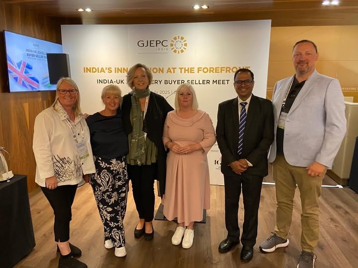 Jane Bond (centre), the driving force behind the GJEPC Buyer‑Seller Meet at Emirates Stadium, pictured with guests during the two-day trade event