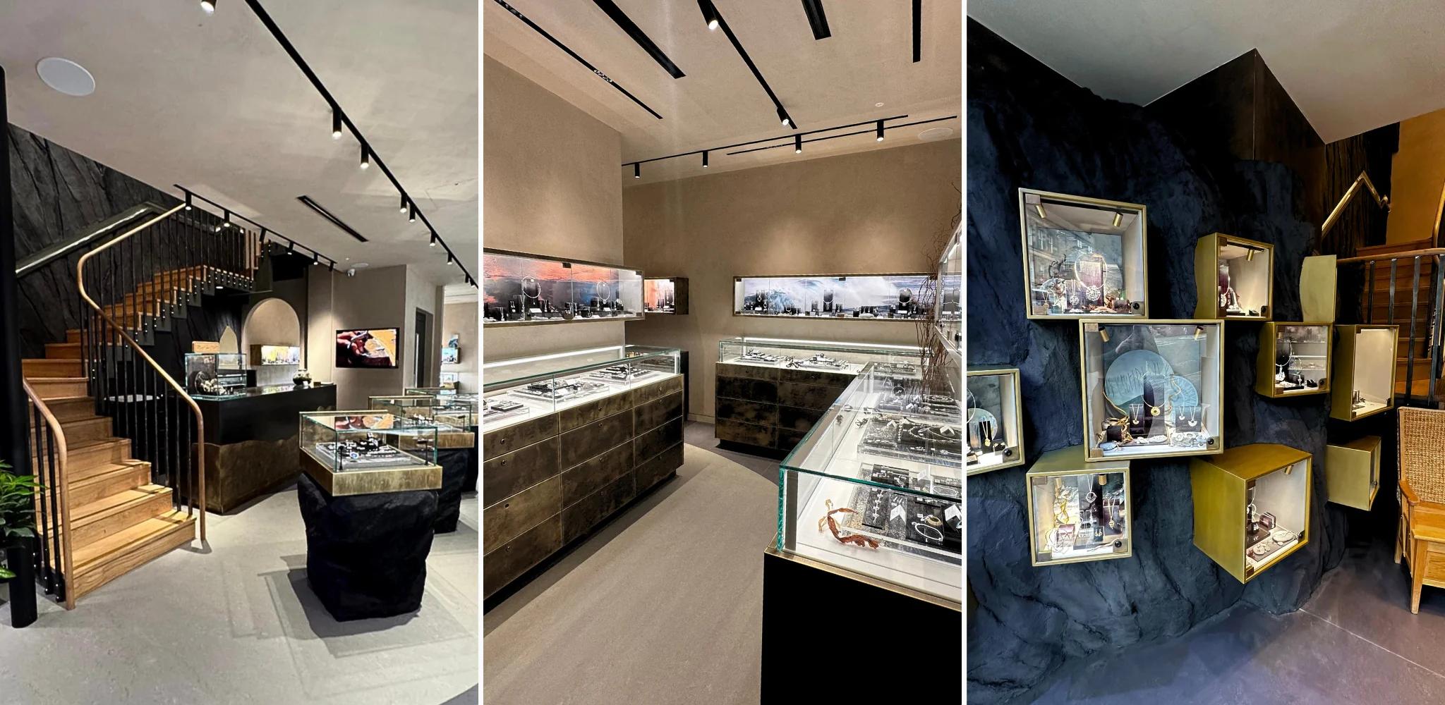 Three views of the downstairs gallery at Sheila Fleet Jewellery’s Hanover Street store, showing glass display cases, a wooden staircase and jewellery cabinets set into a dark rock-textured wall