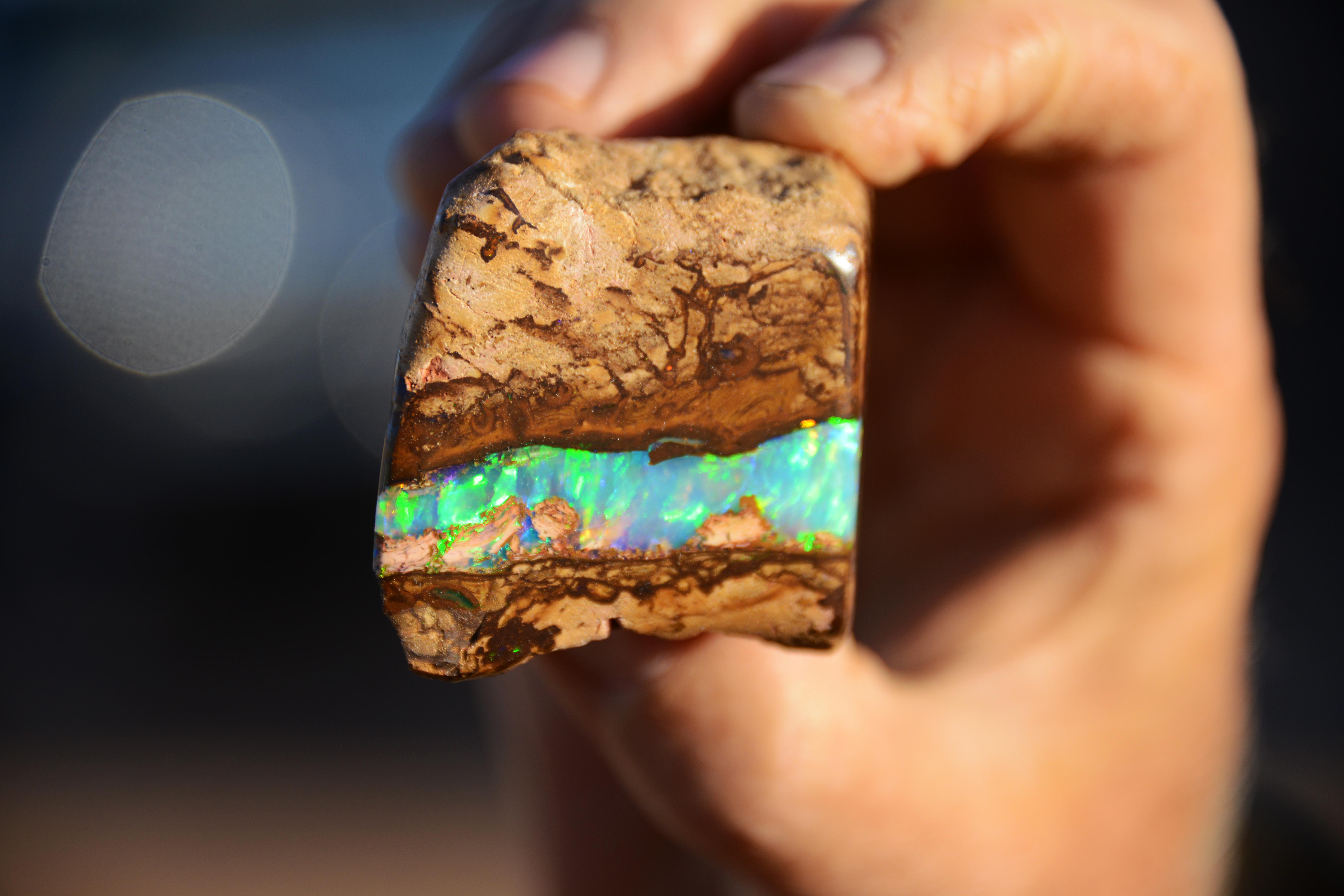 Hand holding a polished Queensland boulder opal specimen with a bright green and blue opal seam running through brown ironstone.