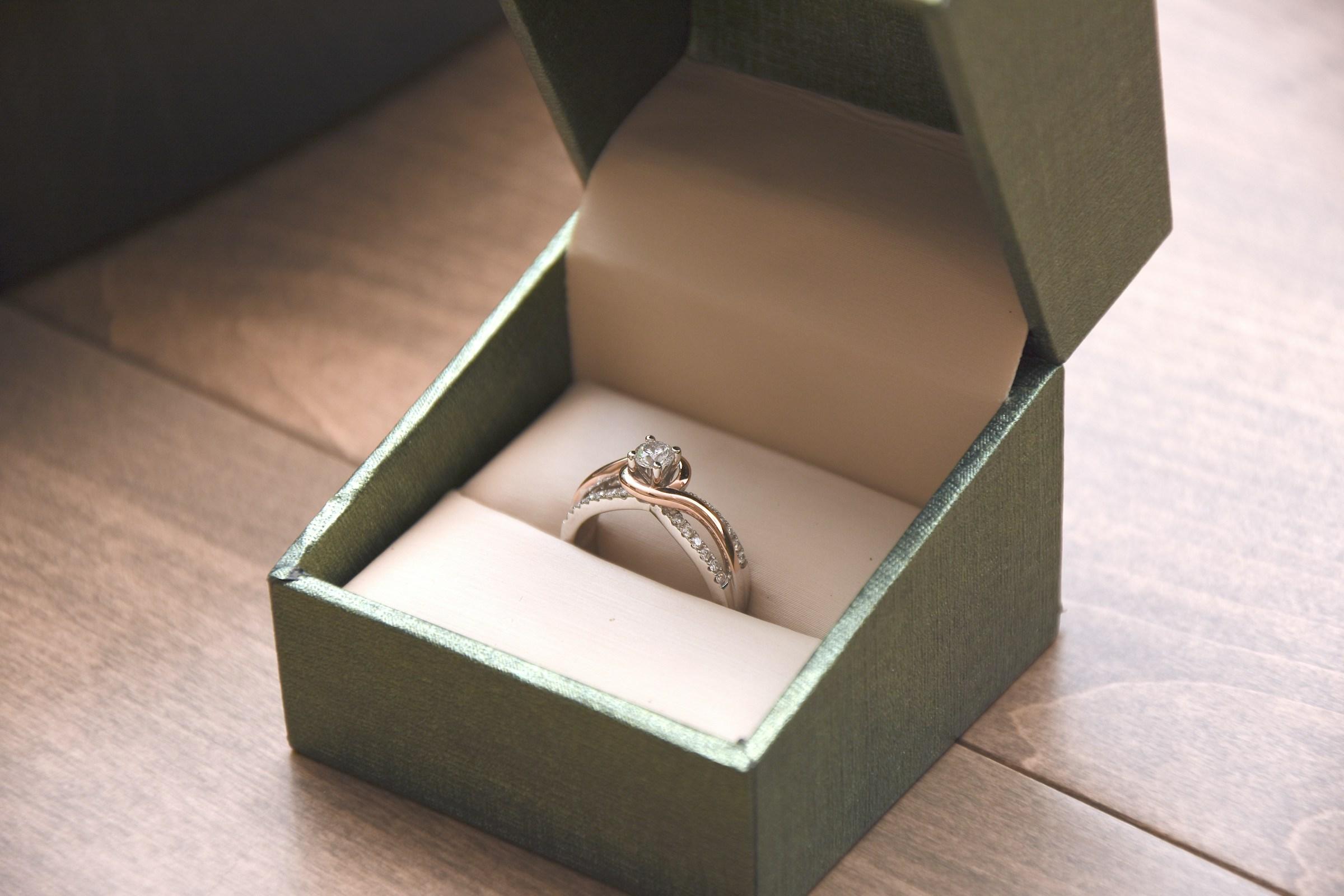 Diamond ring displayed inside an open jewellery box. Source: Unsplash