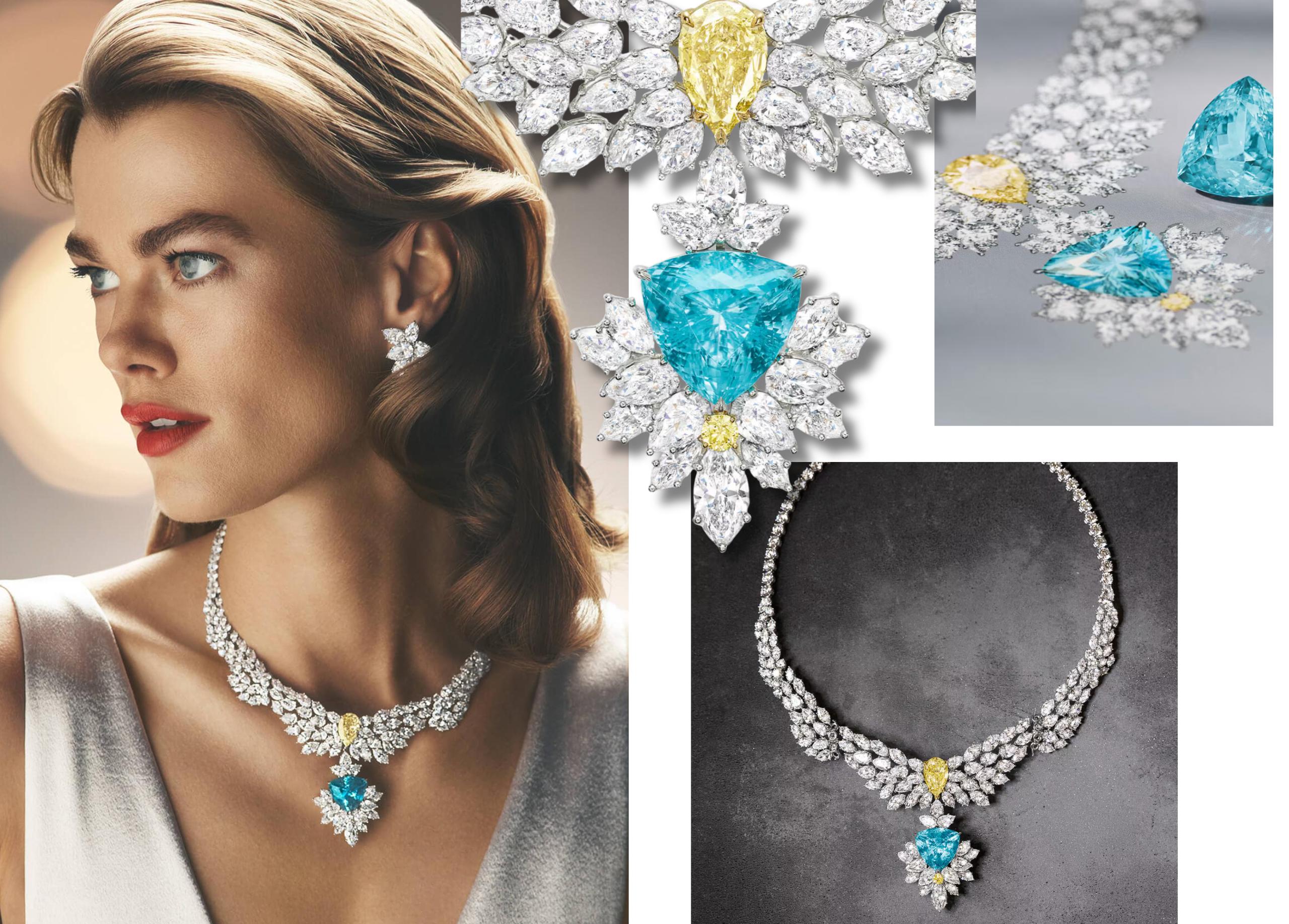 Model wearing Harry Winston’s Paraiba and Diamond Necklace featuring a vivid blue Paraiba tourmaline, yellow diamond and diamond-set high jewellery design from the Talk to Me, Harry Winston collection.