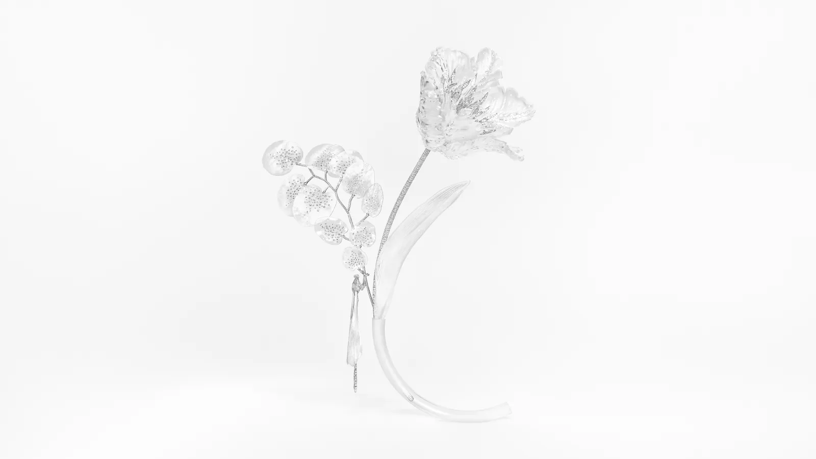 Composition N°6 pairs a tulip, eucalyptus and dragonfly in borosilicate glass, mother-of-pearl, diamonds and white gold. 1,860 hours of work. Picture courtesy of Boucheron