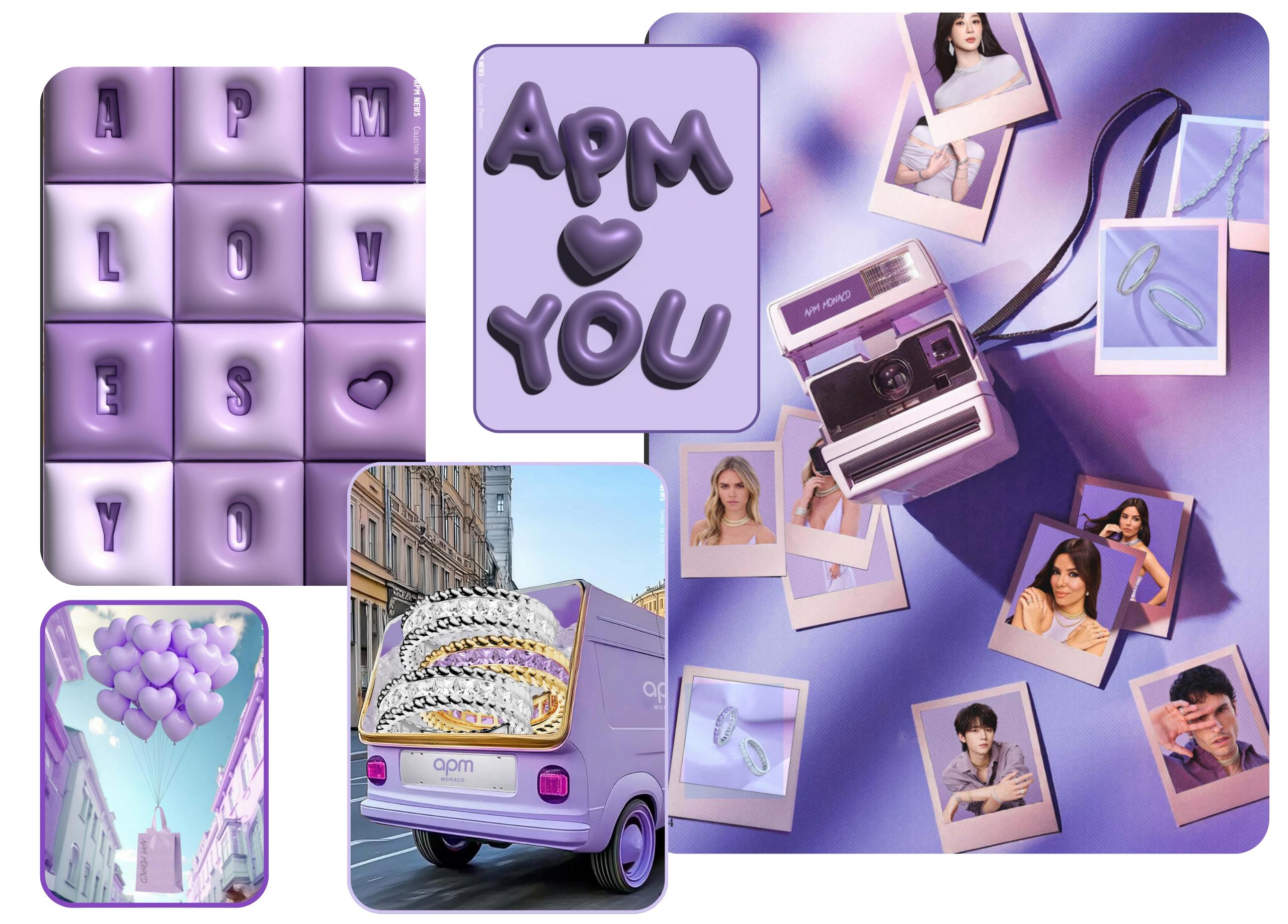 APM Monaco Printemps campaign collage with pastel lilac graphics, jewellery imagery, Polaroid-style photos and “APM Loves You” visuals.
