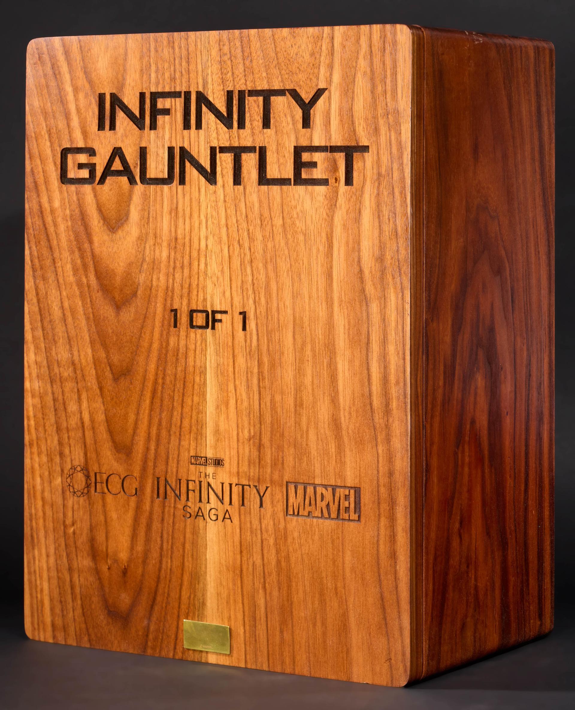Wooden presentation case engraved with Infinity Gauntlet, 1 of 1, East Continental Gems and Marvel branding