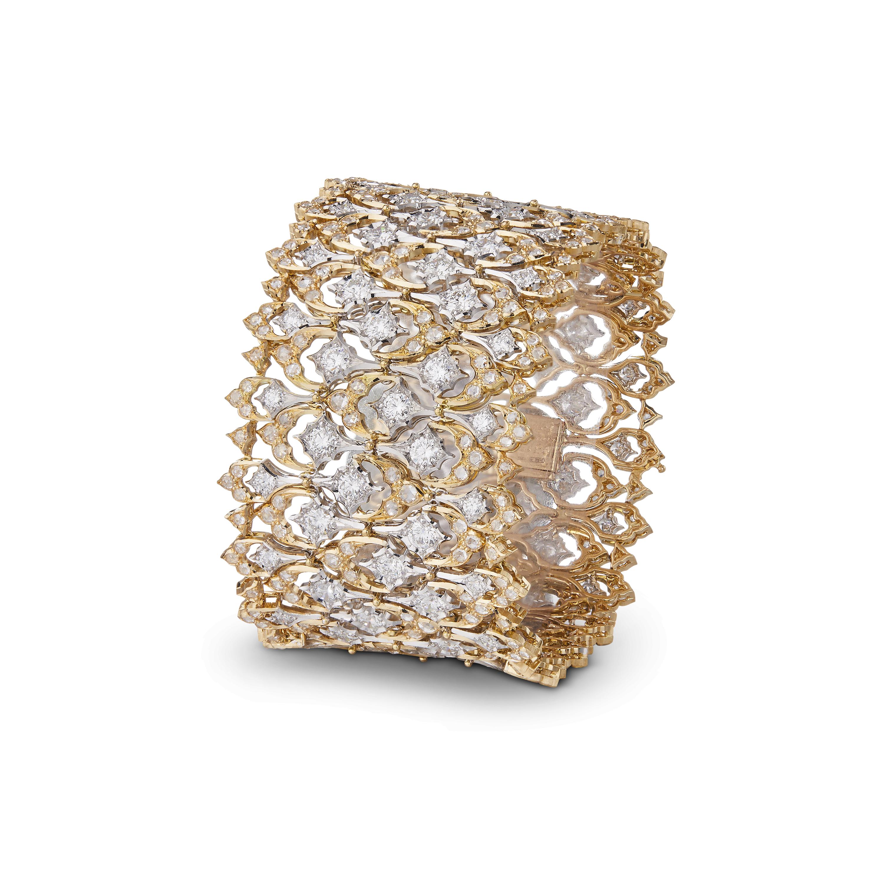 Buccellati Serenissima high jewellery bracelet in yellow gold, featuring intricate openwork lace-inspired craftsmanship set with brilliant-cut and princess-cut diamonds.