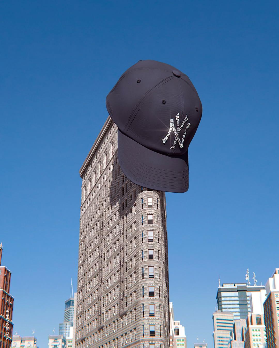 Black New York Yankees baseball cap featuring a Swarovski crystal-covered NY logo, created as part of the Swarovski Creators Lab collaboration with ’47 and MLB.
