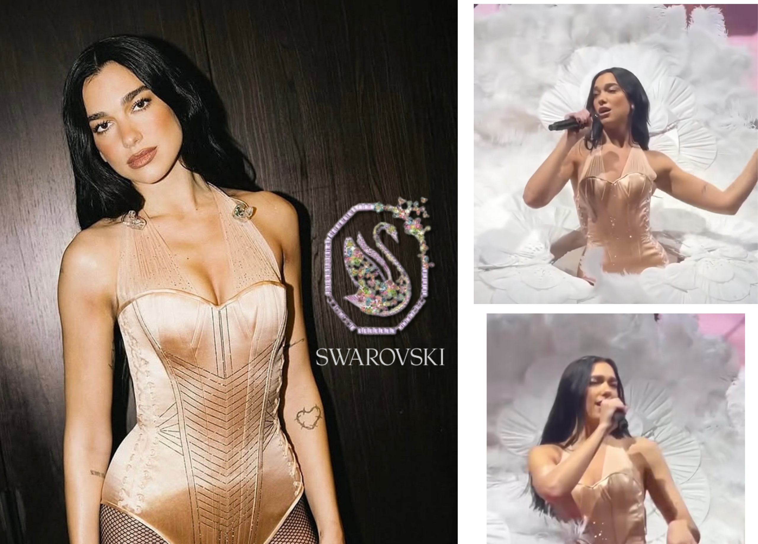 Dua Lipa performs in a custom Jean Paul Gaultier gold satin bodysuit embroidered with 7,200 Swarovski Crystals, applied over 250 hours in the House’s Parisian Atelier. Images courtesy of Swarovski.