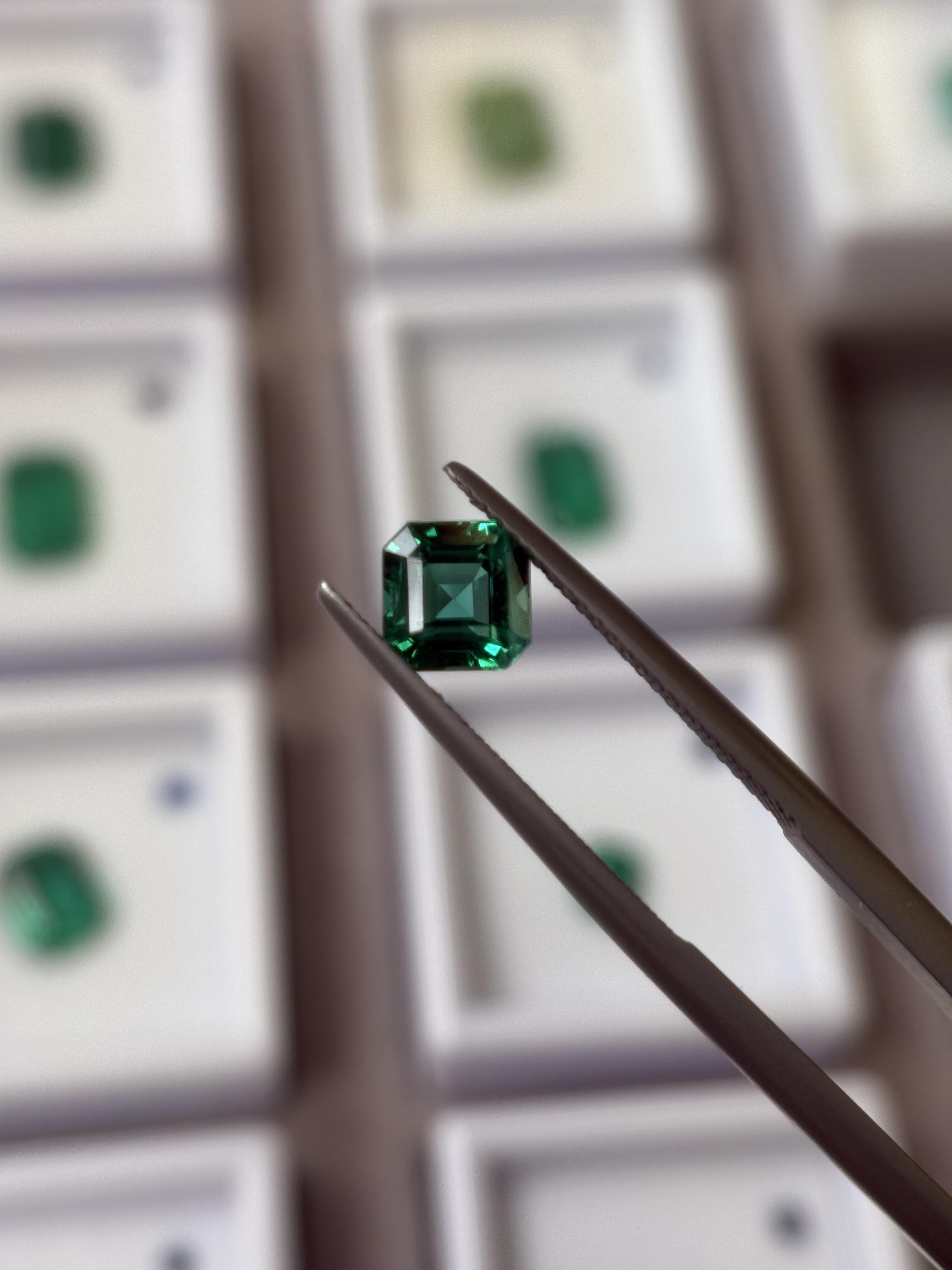 Close-up of an emerald-cut emerald held in tweezers with gemstone parcels blurred in the background.