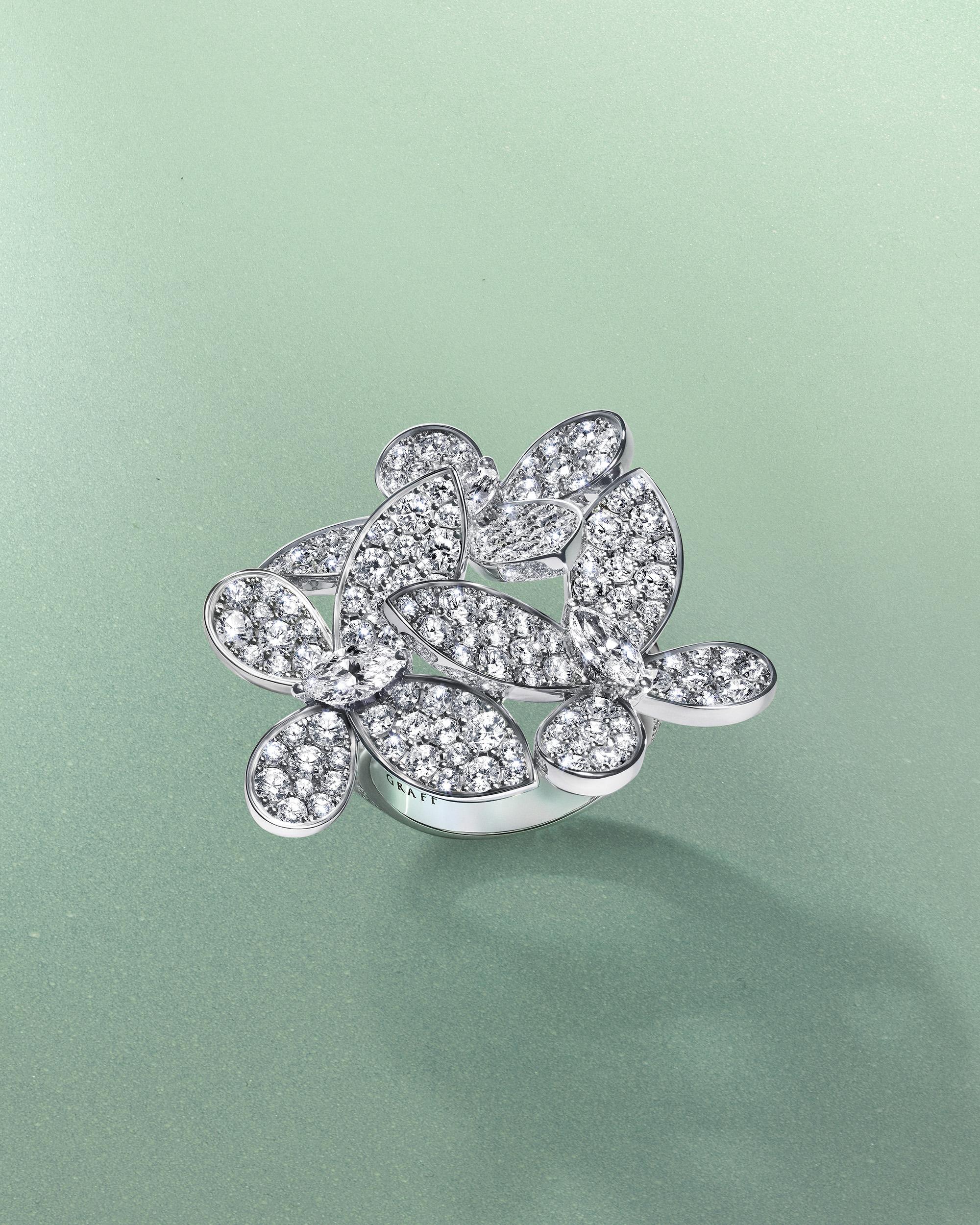 Graff Butterfly diamond ring with marquise and pear shape stones forming butterfly design