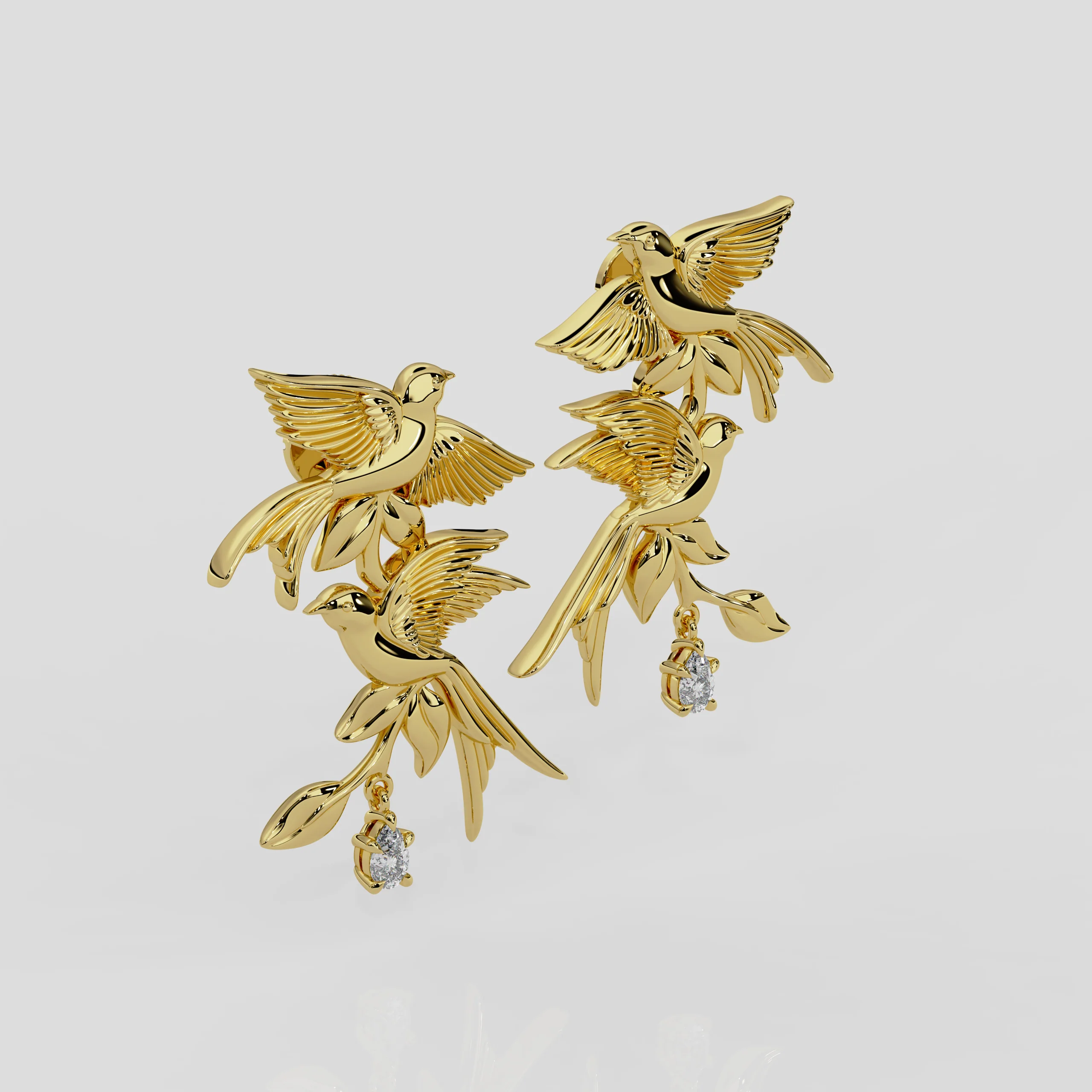 Wonderland 'Bird Song' Diamond or Teal Sapphire Stud Earrings in Yellow Gold or Platinum