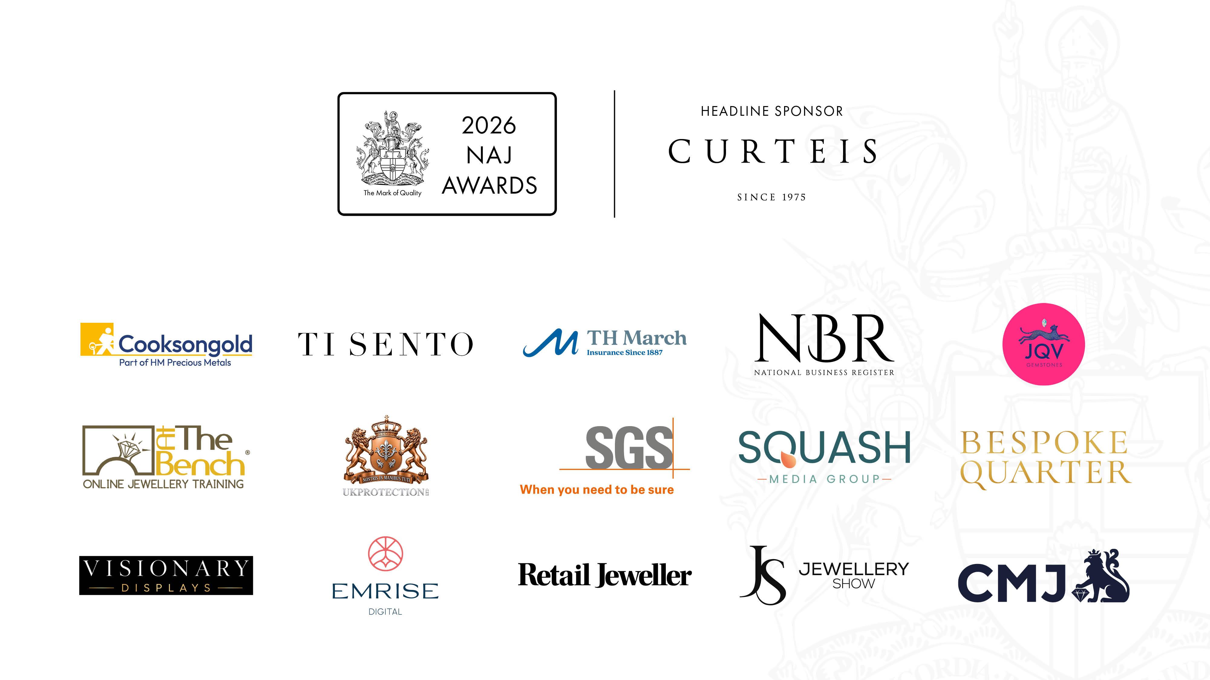2026 NAJ Awards sponsor graphic featuring headline sponsor Curteis and the logos of category sponsors from across the UK jewellery trade