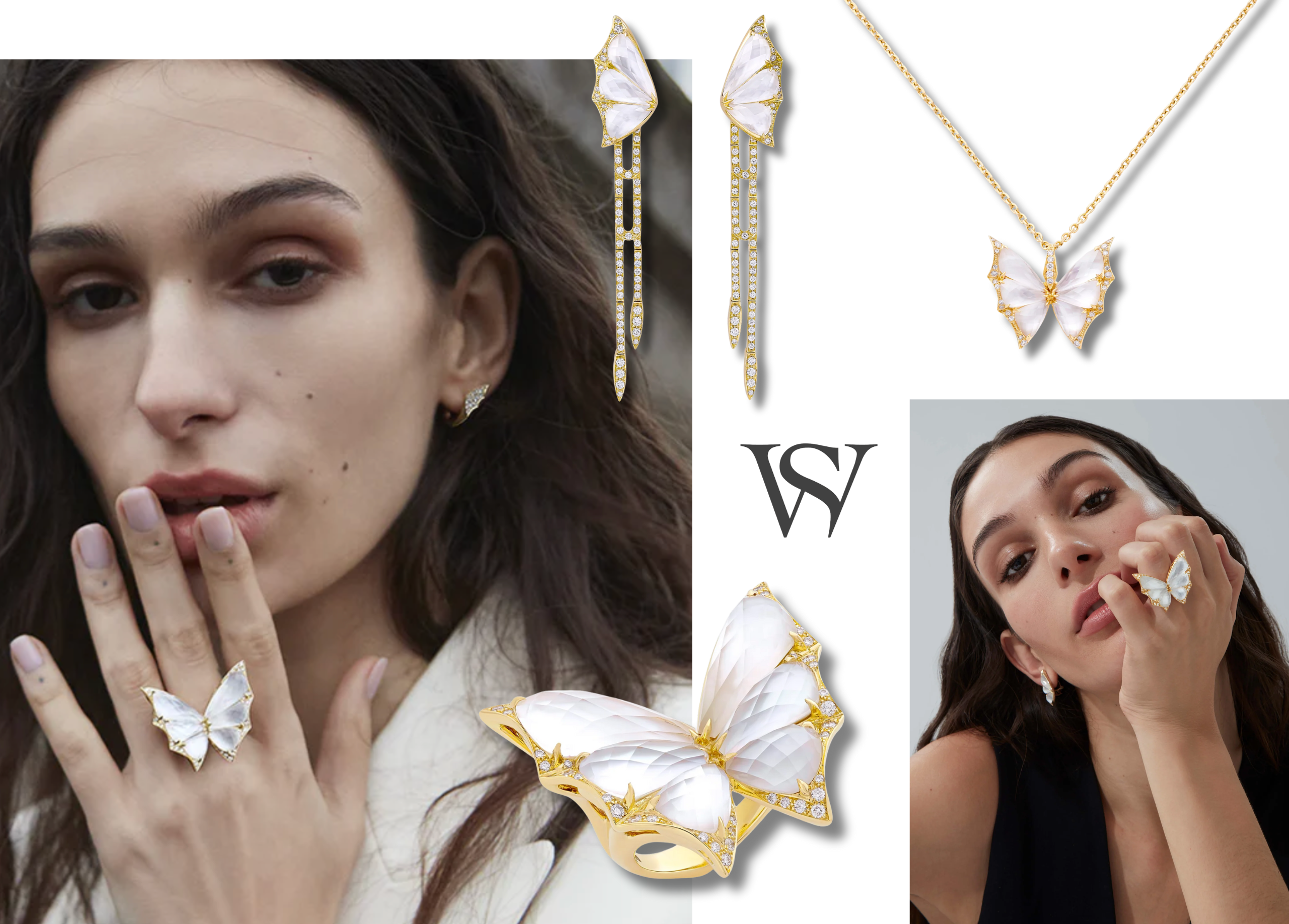 Set with White Mother of Pearl and Quartz Crystal Haze with White Diamond pavé, the design is a tribute nocturnal creatures of the darkest forest depths