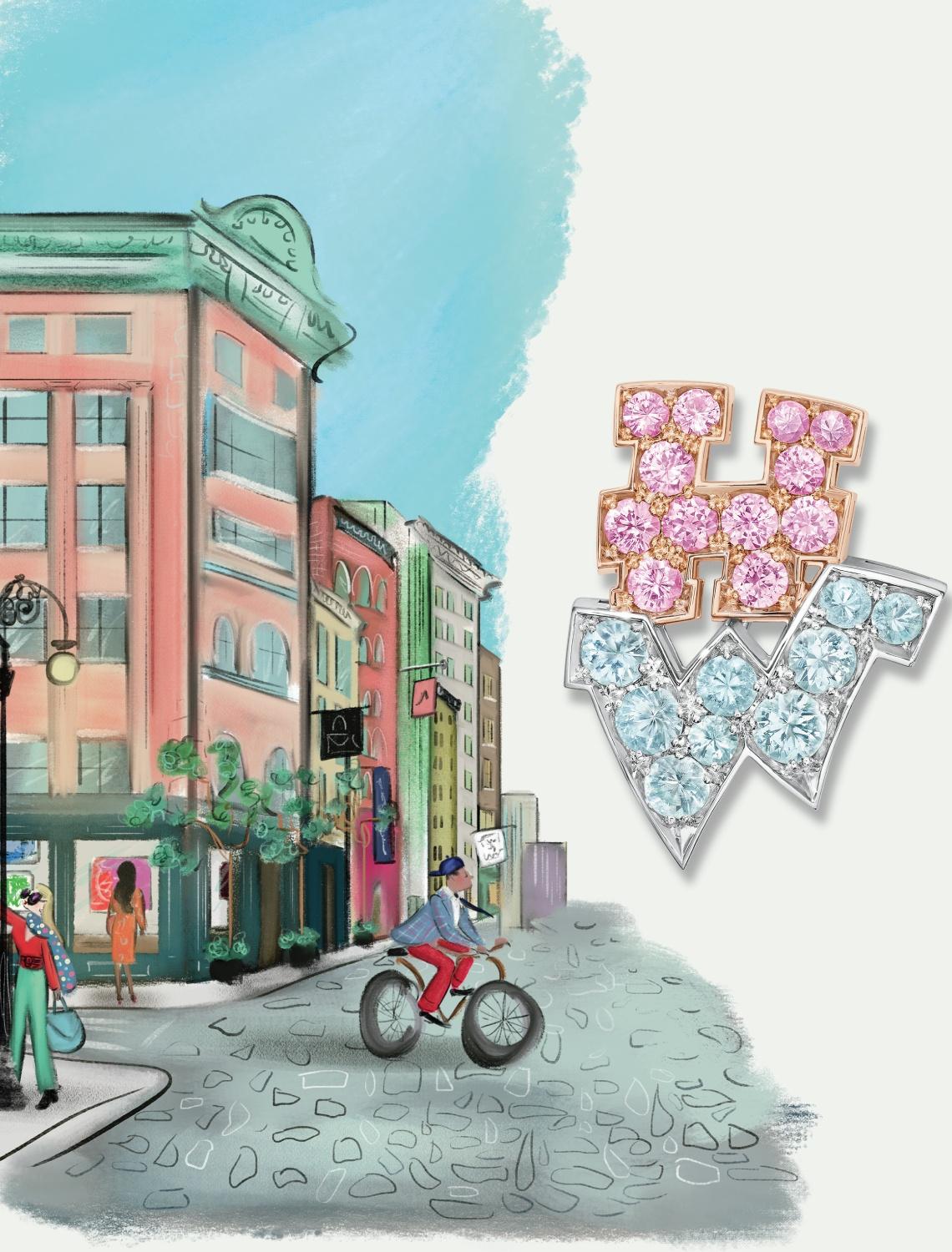 Illustrated New York street scene alongside a Harry Winston Graffiti jewellery piece set with pink and blue gemstones