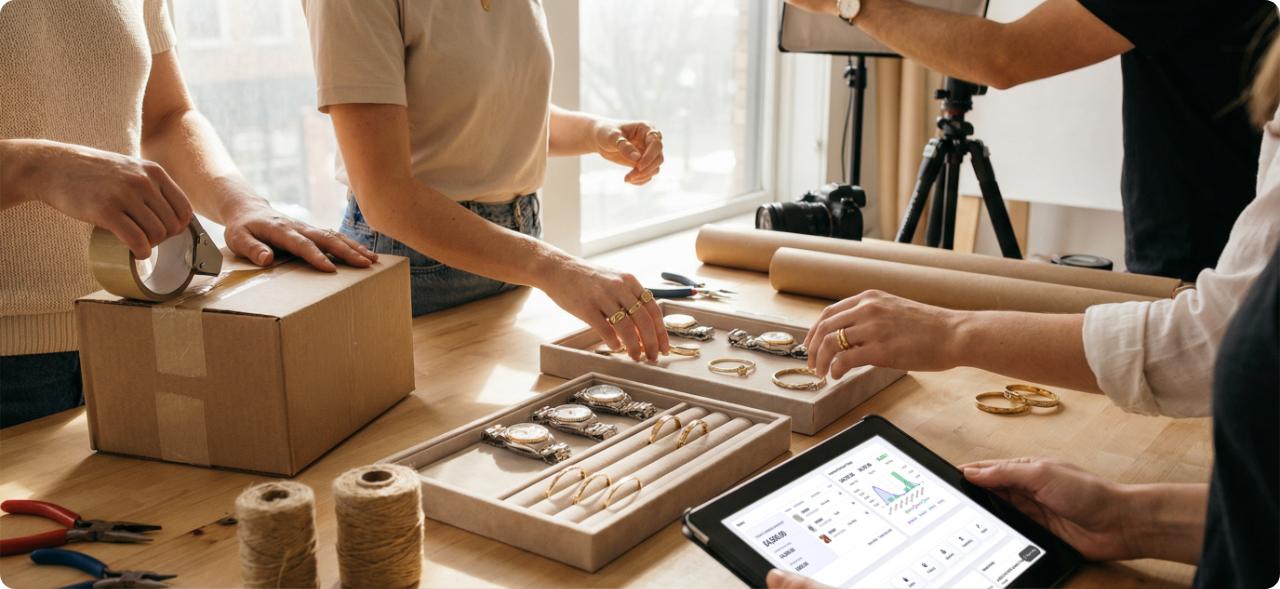 Jewellery team preparing watches and gold jewellery for photography and packaging while using the Stockbox dashboard on a tablet.