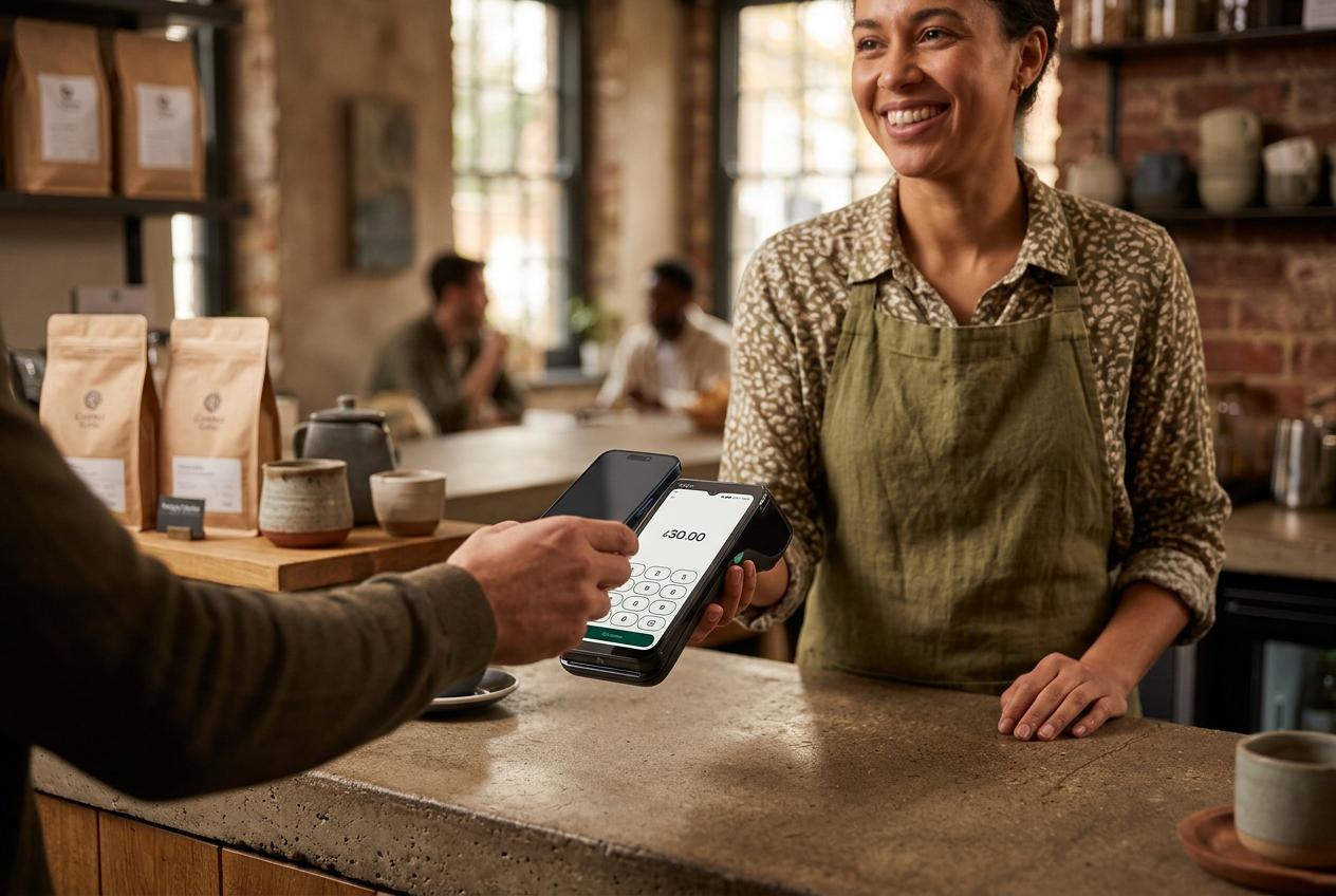Smiling café owner holding a Dojo Go Max card terminal displaying a £30 transaction as a customer presents a bank card across the counter.