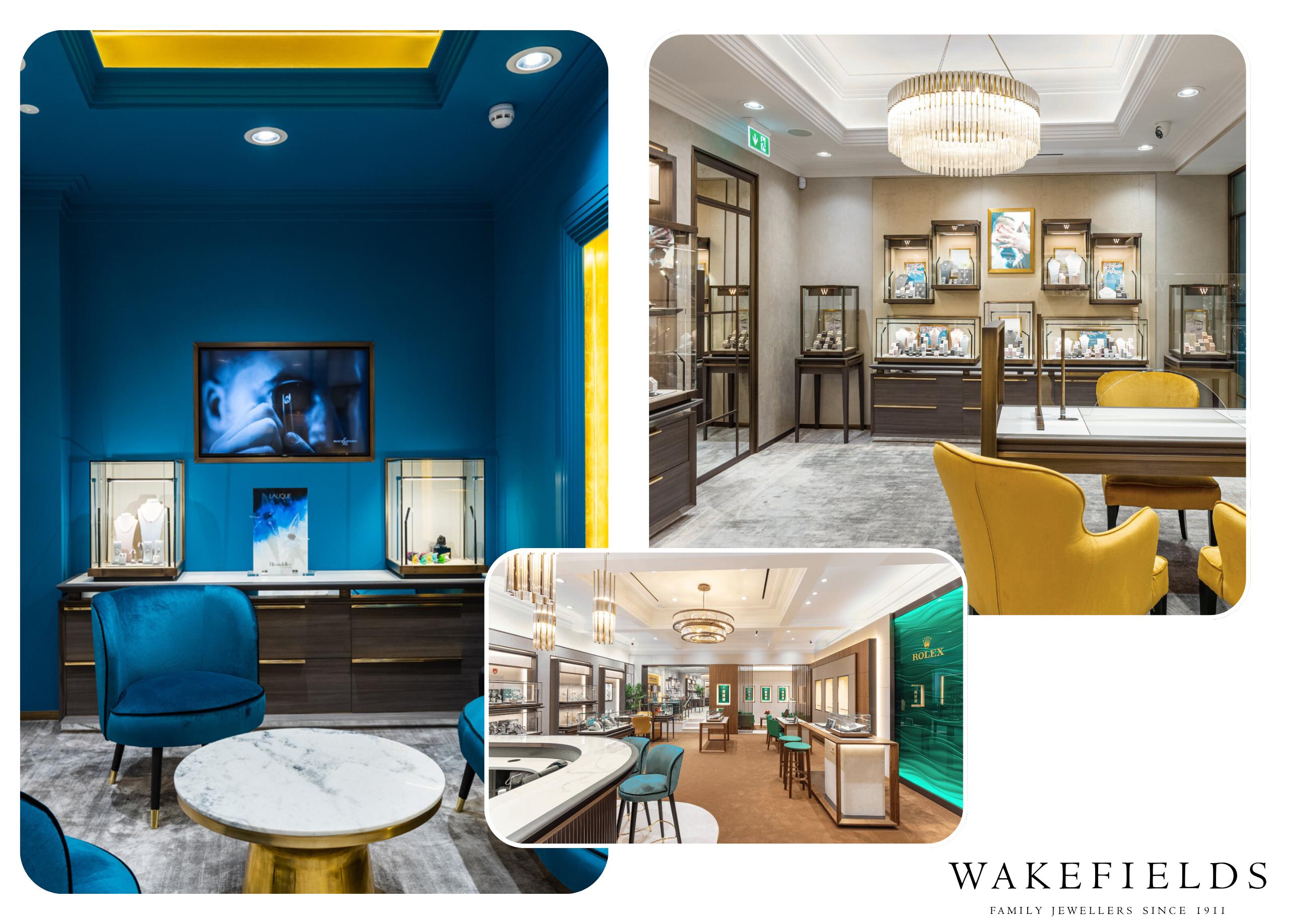 Interior views of Wakefields Jewellers in Horsham showing private consultation areas, fine jewellery displays and the Rolex showroom.