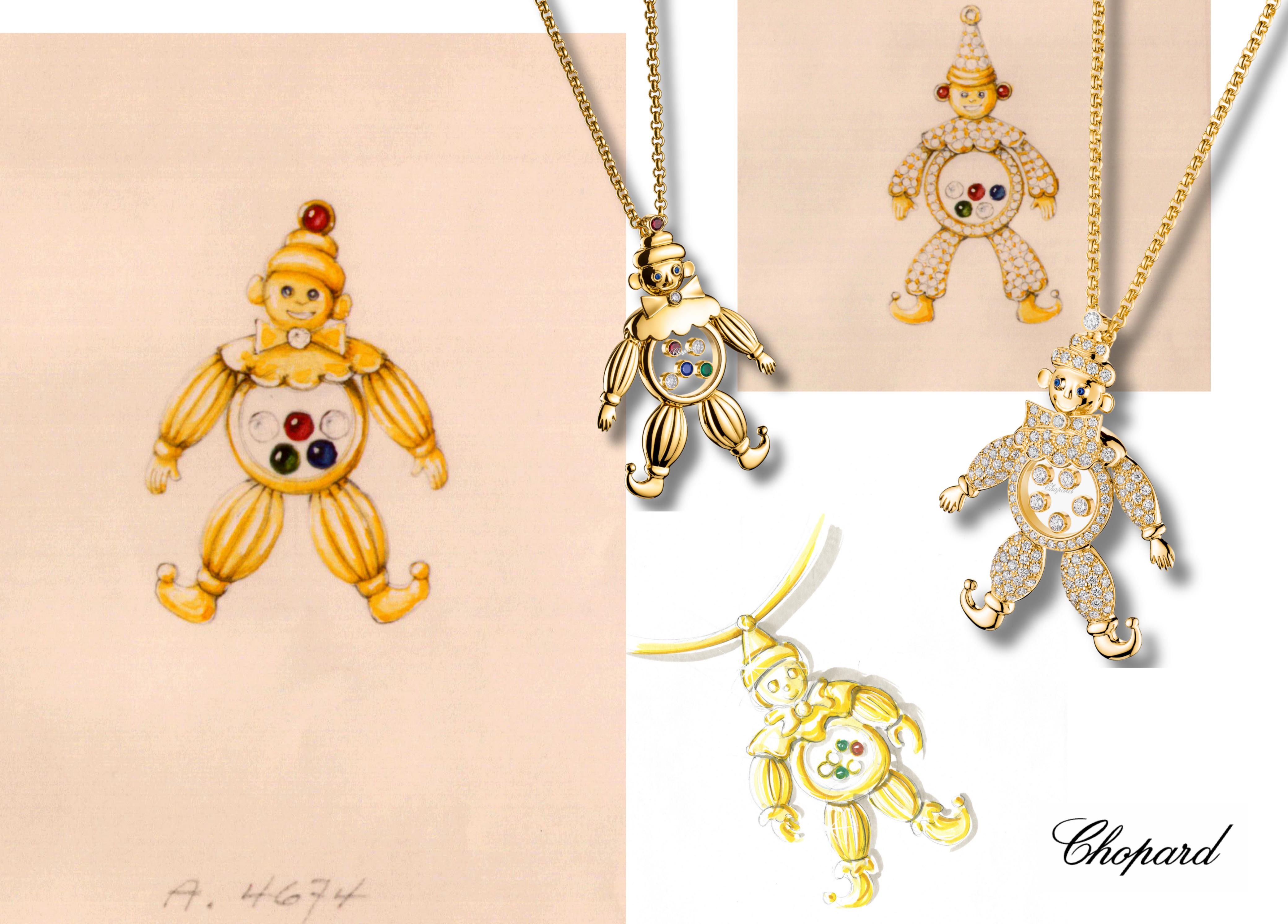 Collage of original Chopard Happy Clown design sketches with two modern yellow gold pendants featuring moving coloured gemstones and diamonds