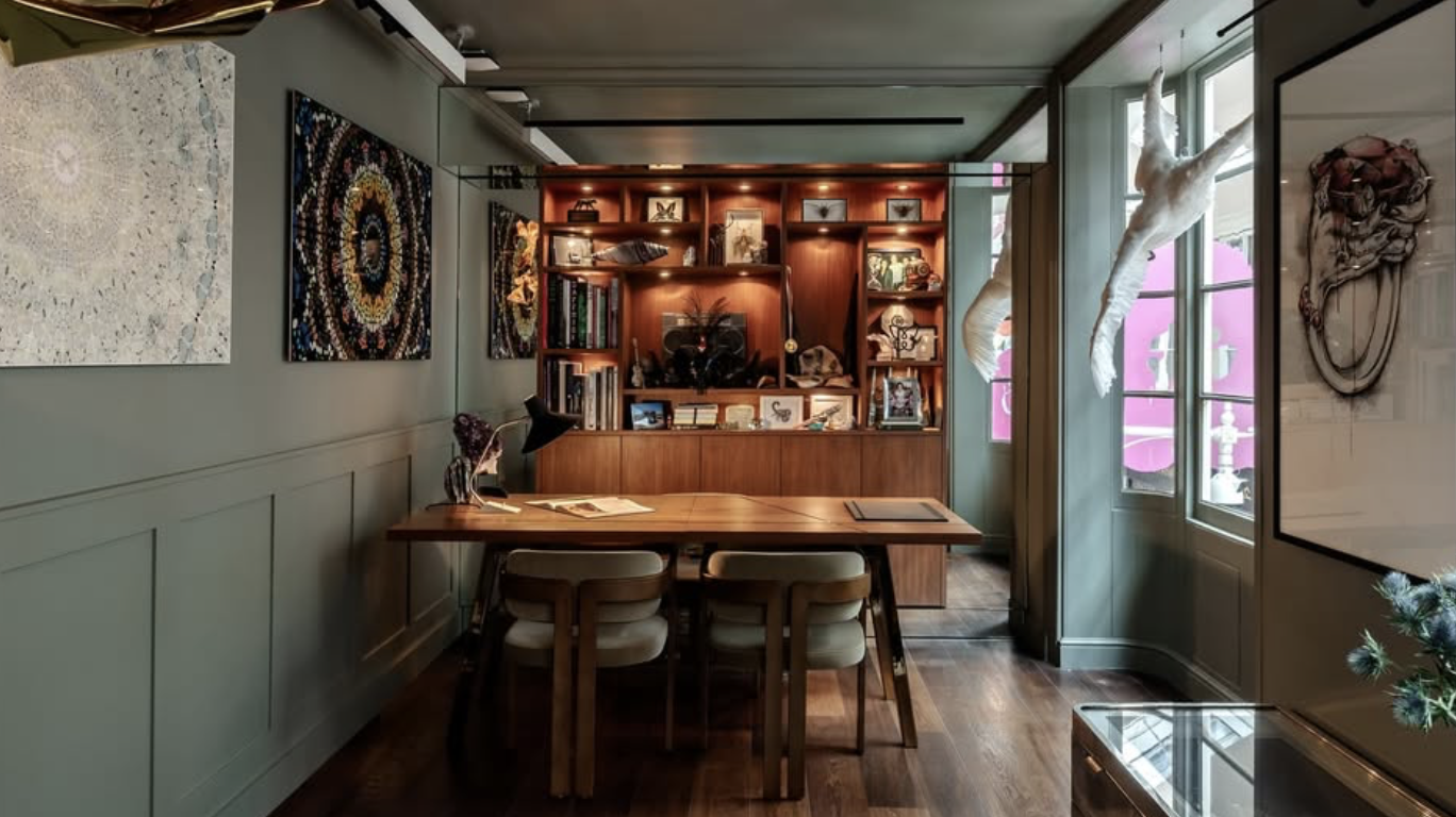 Upstairs, curiosity reigns. Part library, part lair—Stephen Webster’s office reflects a life lived in bold colour and curious detail. Courtesy of @stephenwebsterjewellery on Instagram