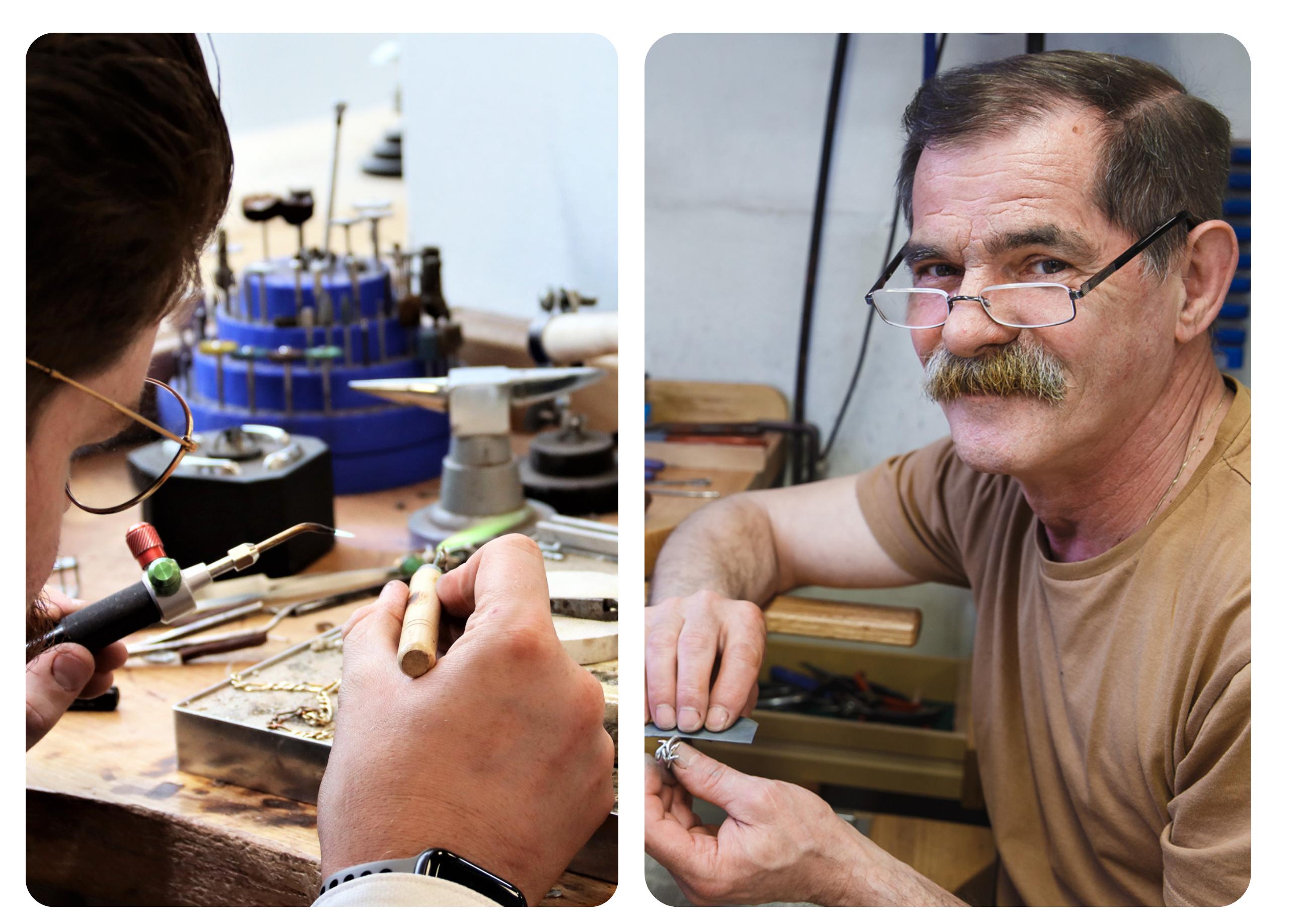 Master Goldsmith Wlodek working at the jewellery bench in the Wakefields workshop, crafting and repairing fine jewellery pieces.