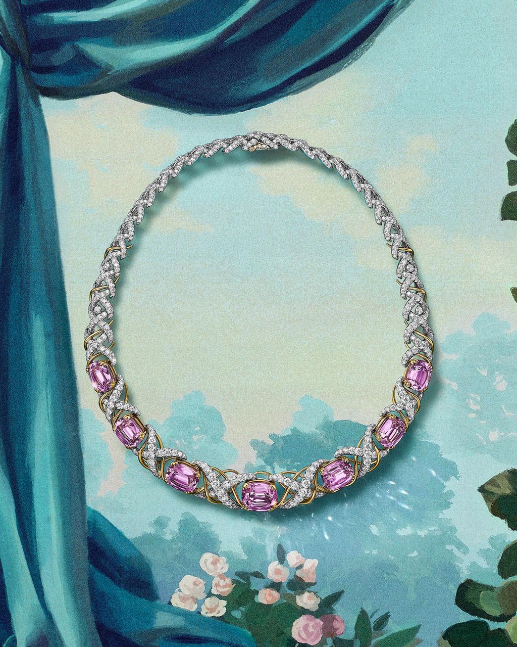 Tiffany & Co. Blue Book 2026 Jasmine necklace featuring diamond-set platinum links with pink kunzite gemstones in a floral-inspired design.