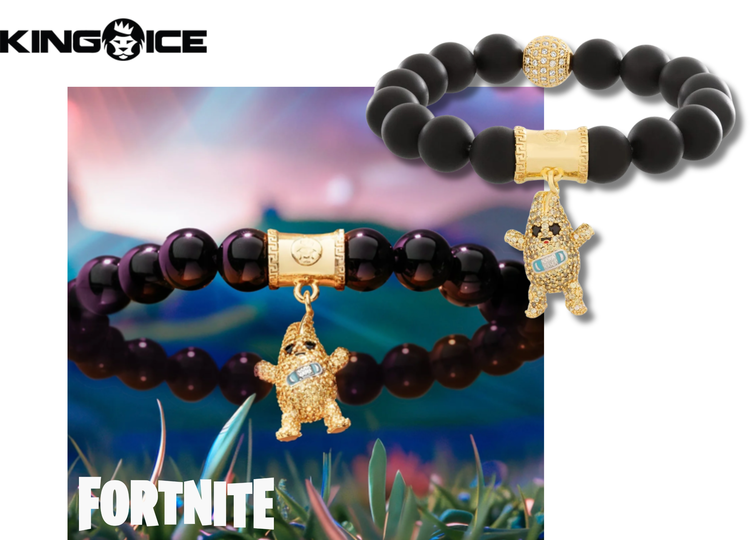 Nanner Buddy Bracelet — Fortnite’s iconic Peely character reimagined as a playful, iced-out charm bracelet in gold and white gold finishes