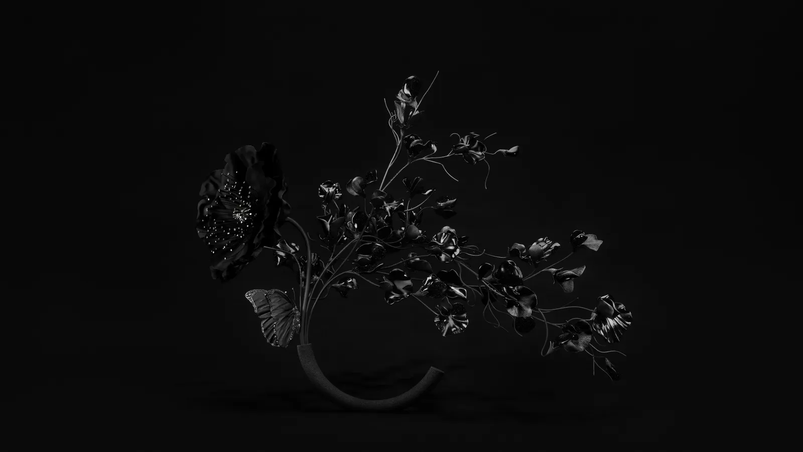 Composition N°1 presents a poppy, sweet pea and butterfly in aventurine, onyx and Vantablack®, set with diamonds and spinels on titanium. 2,004 hours of work. Picture courtesy of Boucheron