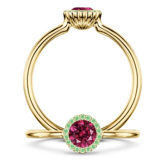 Front and side views of an 18-carat yellow-gold Cannelé Couleur ring with a round red-pink rubellite surrounded by green tsavorites