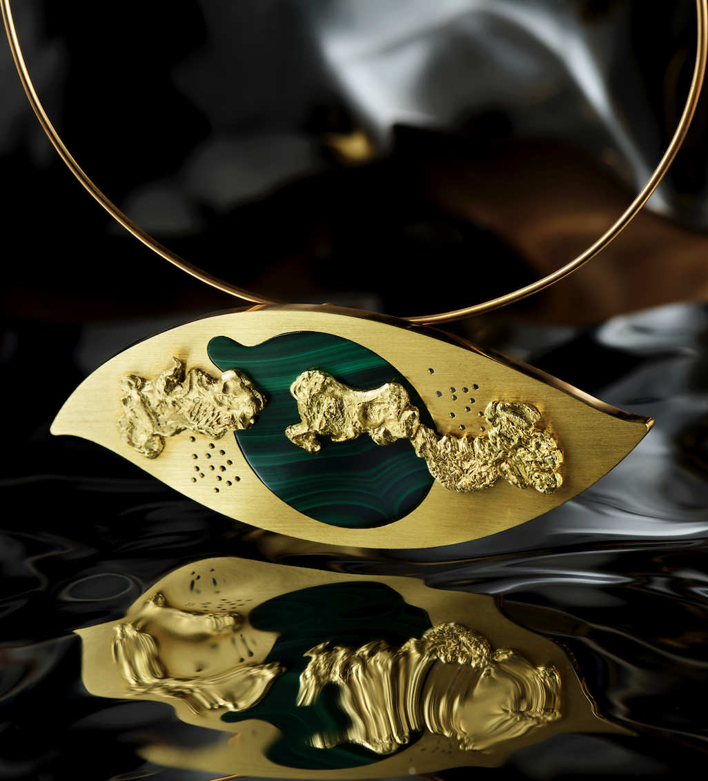 Man Ray, The Oculist, Brooch or necklace, 18k gold with malachite Edition of 12 + 1 AP, executed by GEM Montebello AP 1_1, signed and stamped