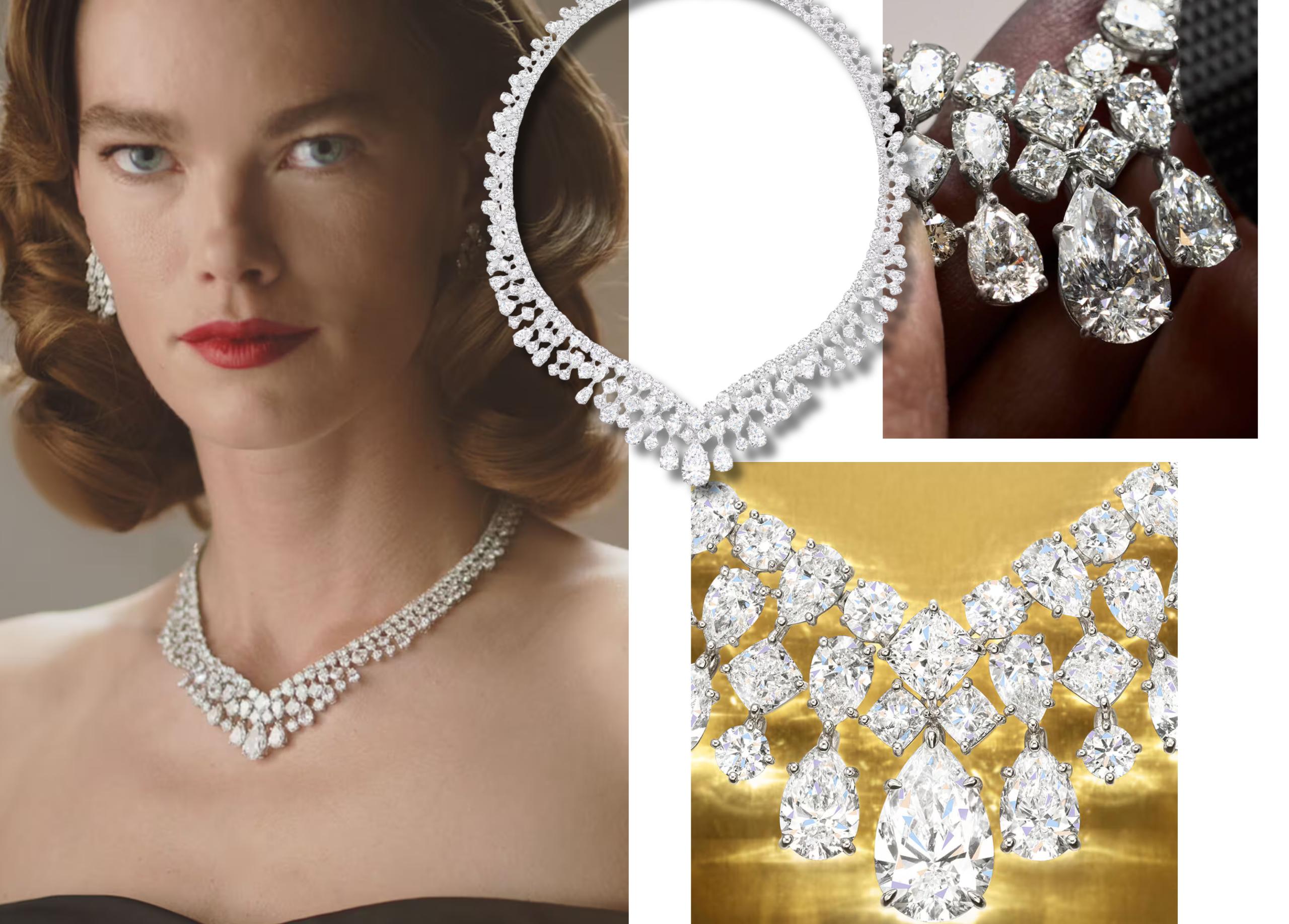 Model wearing a Harry Winston diamond necklace composed of pear, round and cushion-cut diamonds, shown alongside close-up images highlighting the intricate craftsmanship and diamond setting details.