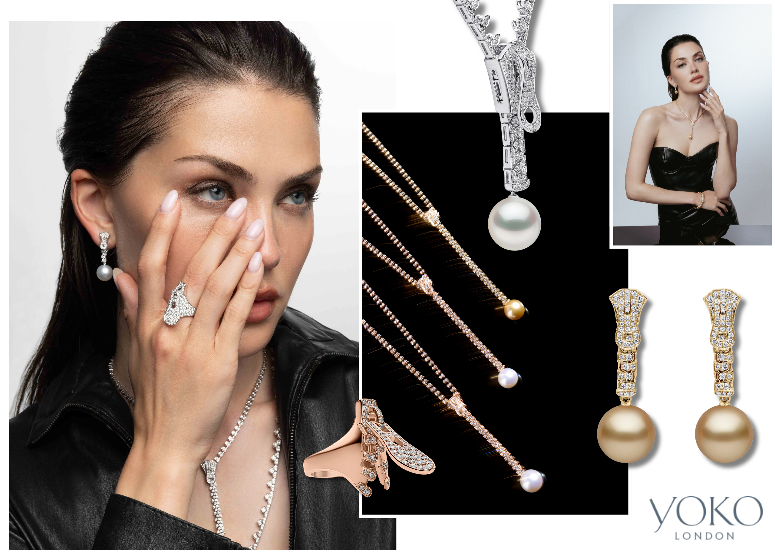 Yoko London’s Zyyp collection: zipper-inspired necklaces, rings and earrings in 18K gold with diamonds and pearls, designed to transform with every movement