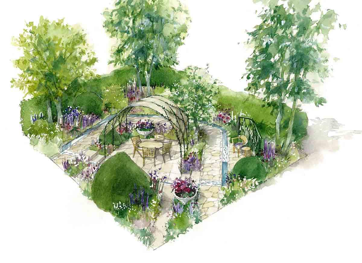 Watercolour-style illustration of The Boodles Garden featuring landscaped pathways, planting, seating areas and a curved garden structure.