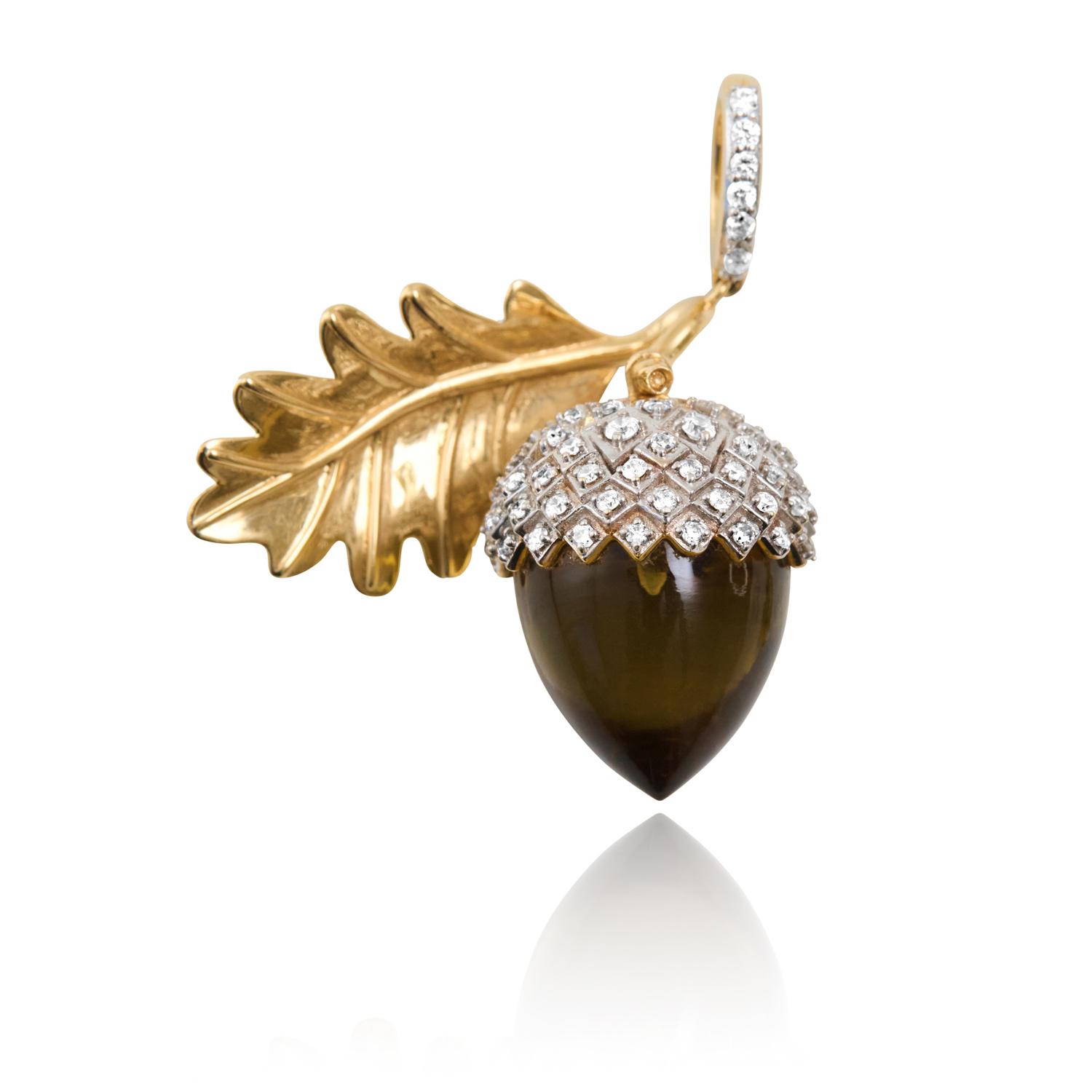 Smoky-quartz acorn charm with a diamond-set cap, gold oak leaf and diamond-set bail by Tash Jewellery