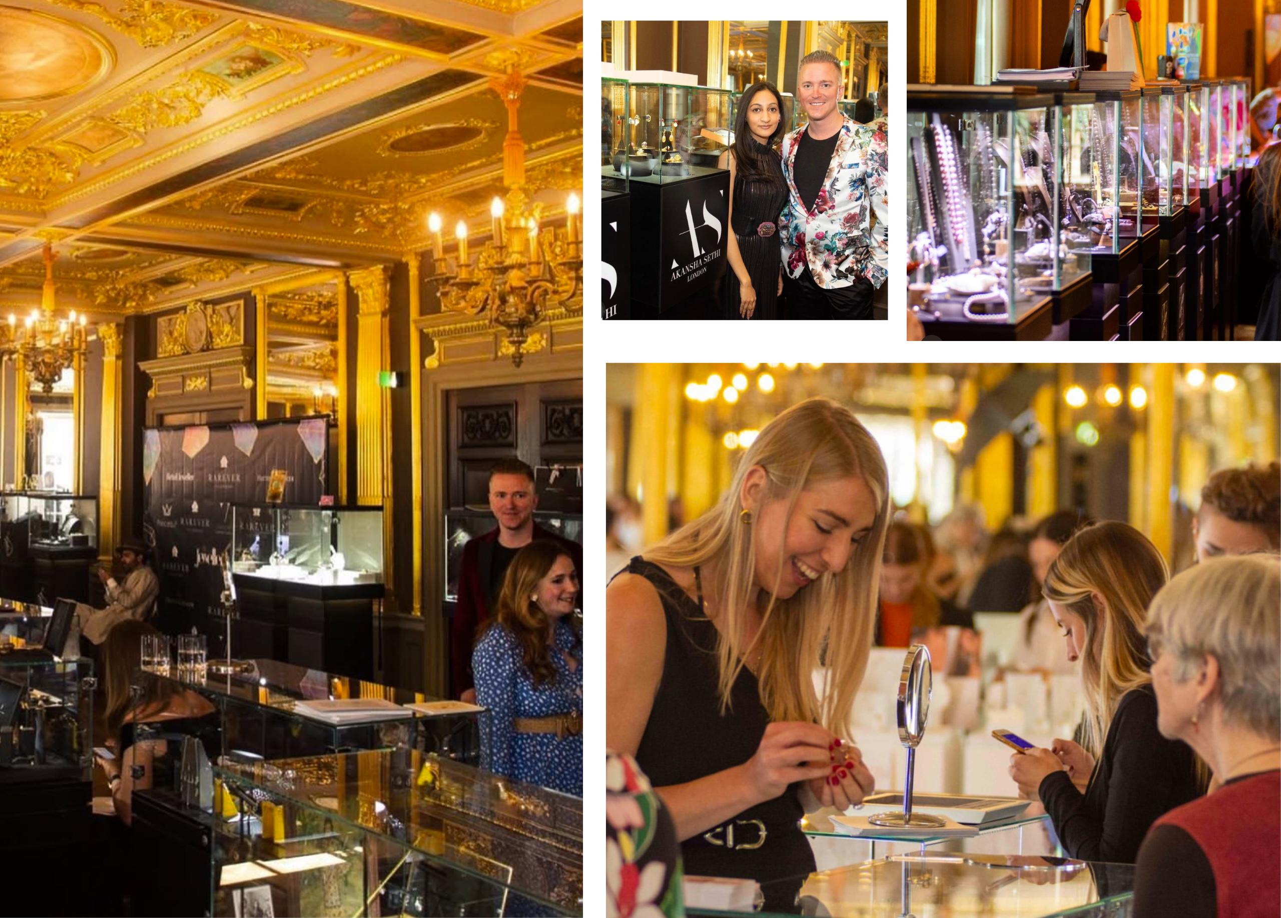 Collage showing illuminated jewellery cabinets, designers and visitors inside an ornate historic venue transformed into a contemporary jewellery exhibition