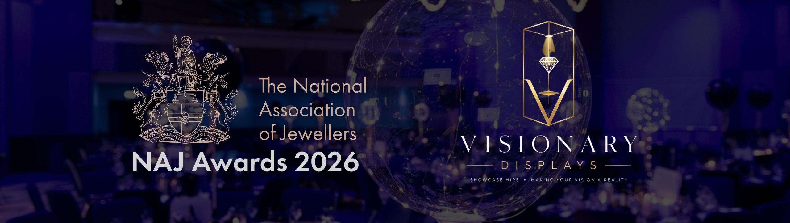 NAJ Awards 2026 and Visionary Displays logos over a dark blue image of an illuminated jewellery showcase at an awards venue
