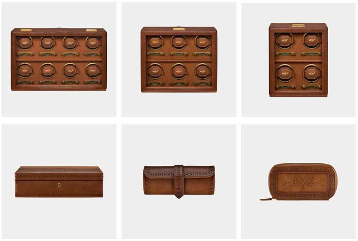 Tan WOLF Brogue watch winders and travel accessories with a burnished finish.