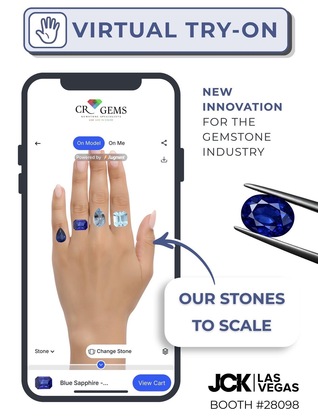 Promotional graphic from CR Gems showcasing its AI Virtual Try-On technology, displaying coloured gemstones positioned on a digital hand within a smartphone interface, alongside the message &ldquo;New Innovation for the Gemstone Industry&rdquo; and JCK Las Vegas branding.