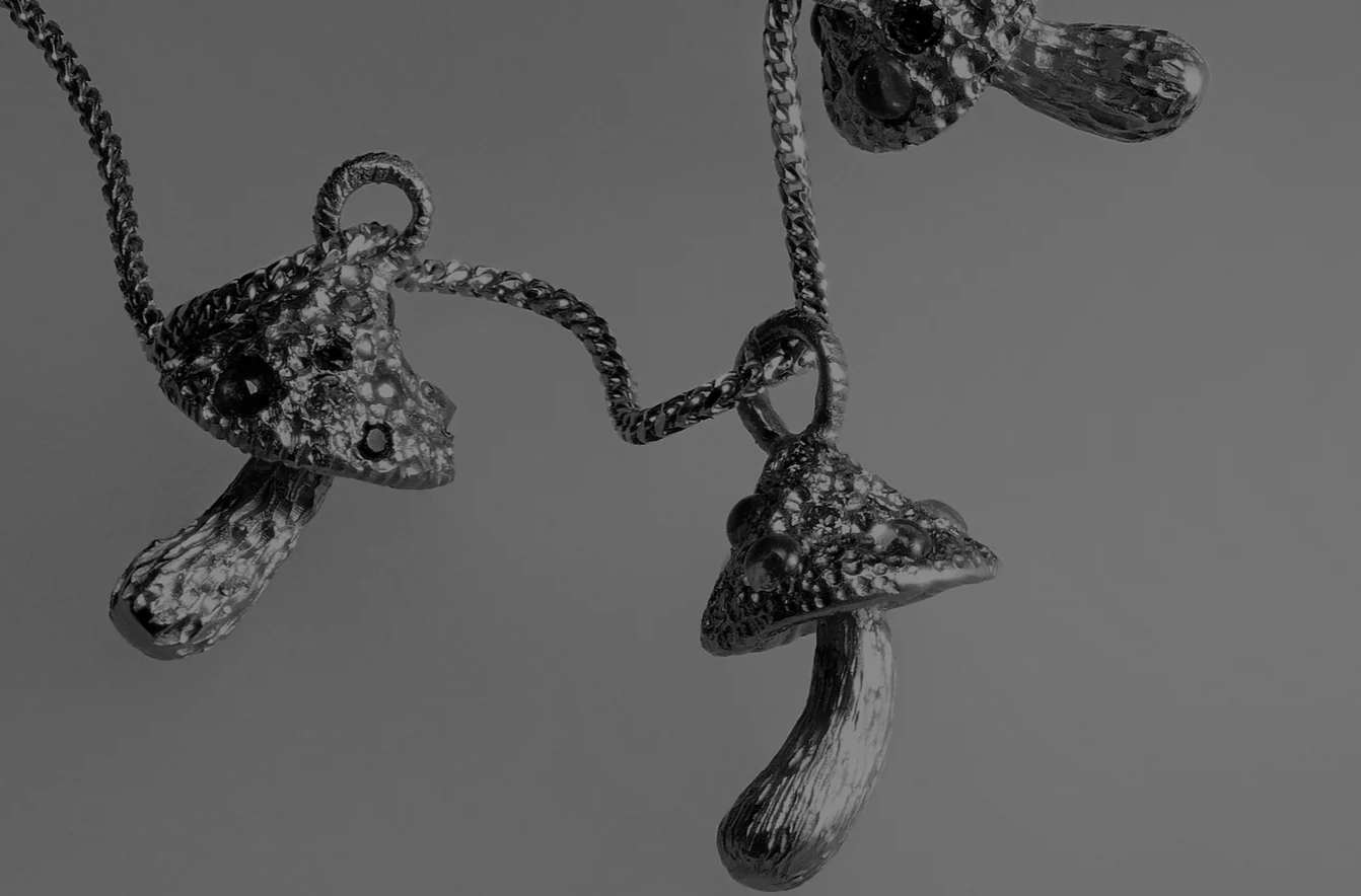 Martina Kocianova blends traditional gem carving and stone setting with materials like mycelium, integrating foraged fungi into jewellery that sits between nature and craft. Imagery: Courtesy of Dover Street Market