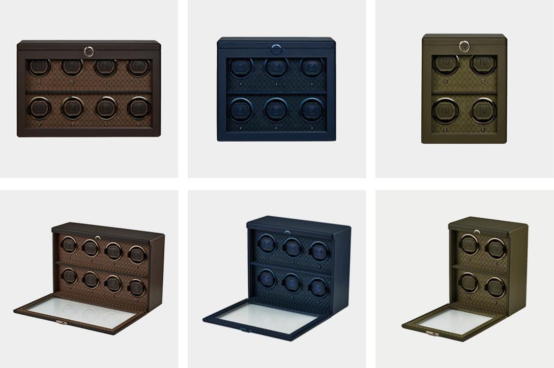 WOLF Earth multi-watch winders in coffee, midnight blue and olive.