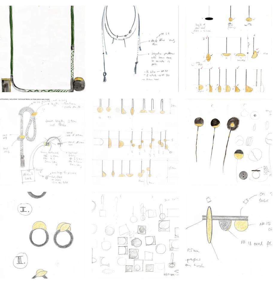 Collage of Hendrike Barz-Meltzer&rsquo;s hand-drawn jewellery designs featuring necklaces, earrings and circular forms with gold-coloured details