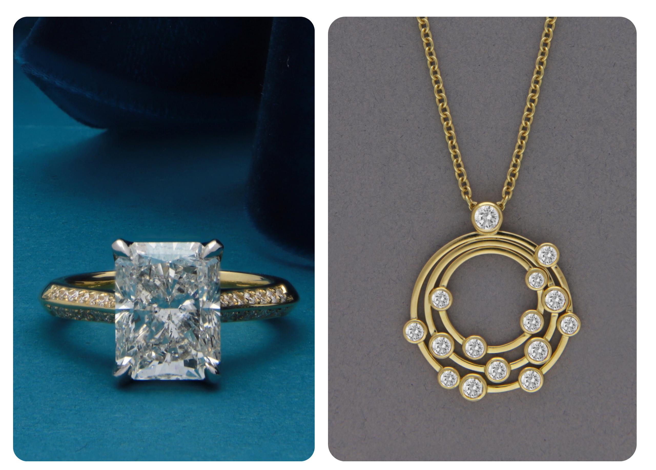 Bespoke jewellery at Wakefields featuring a radiant-cut diamond engagement ring and diamond-set pendant designed through the jeweller&rsquo;s custom design service.