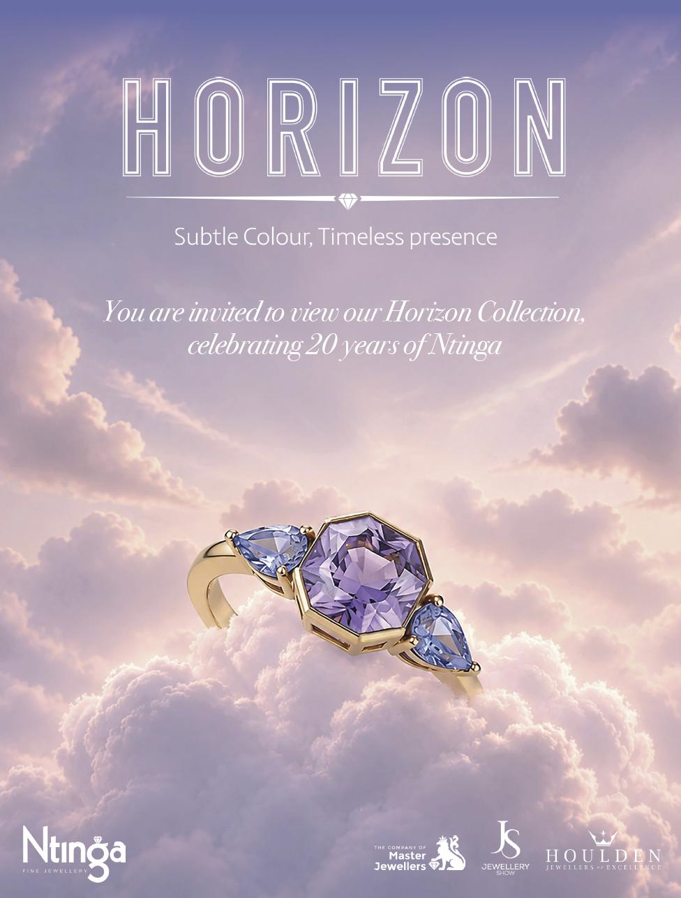 Promotional image for Ntinga&rsquo;s Horizon Collection, celebrating 20 years of the company. The artwork features a pastel gemstone ring floating amongst soft pink and lavender clouds, highlighting the collection&rsquo;s focus on coloured gemstones and contemporary fine jewellery design.