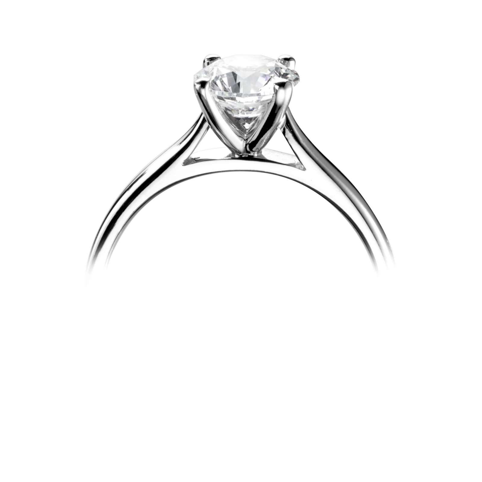 Front view of a polished white gold solitaire ring mount holding a round brilliant-cut centre stone in four claws